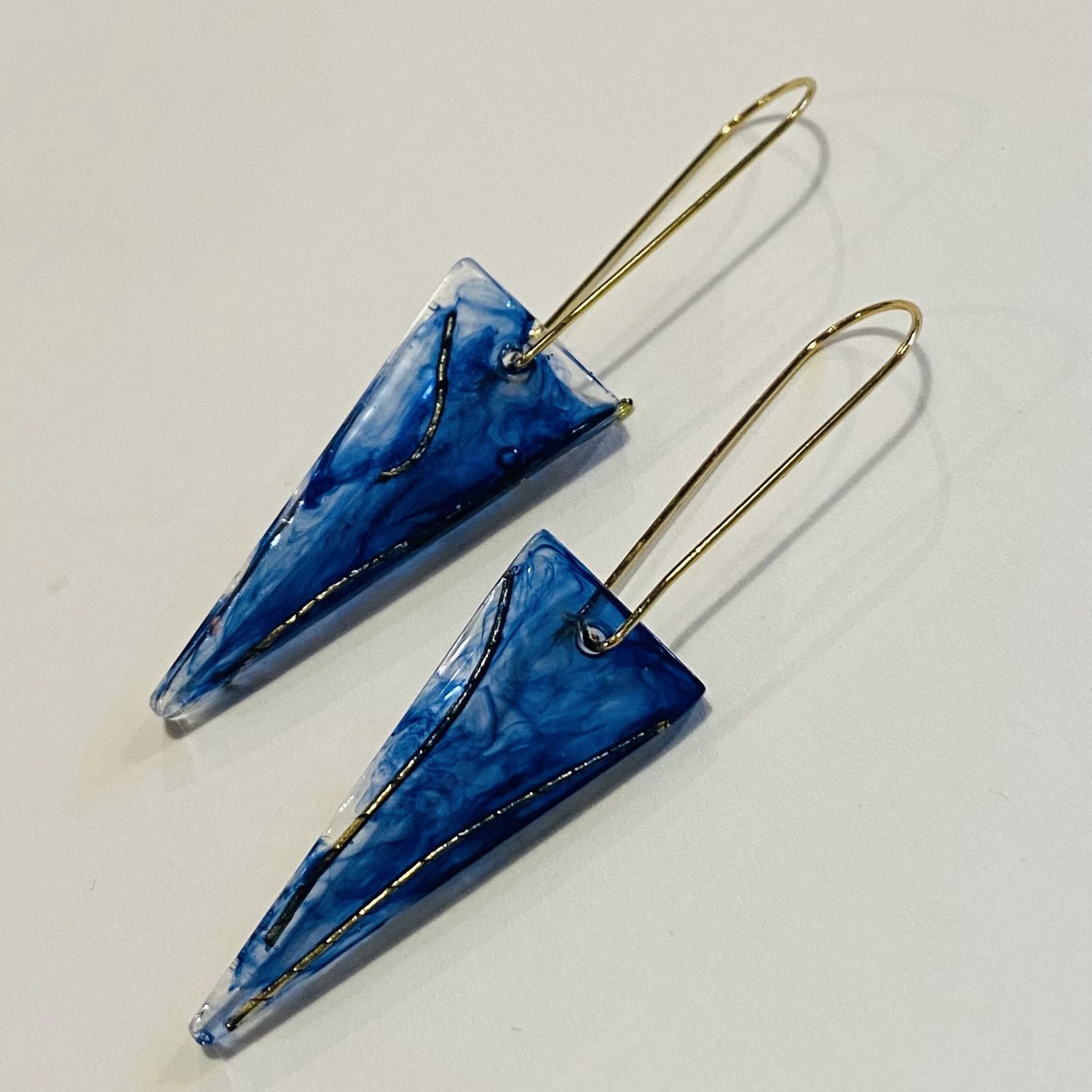 Frame Earring Blue Resin Triangles w/ Golden Silk Sari