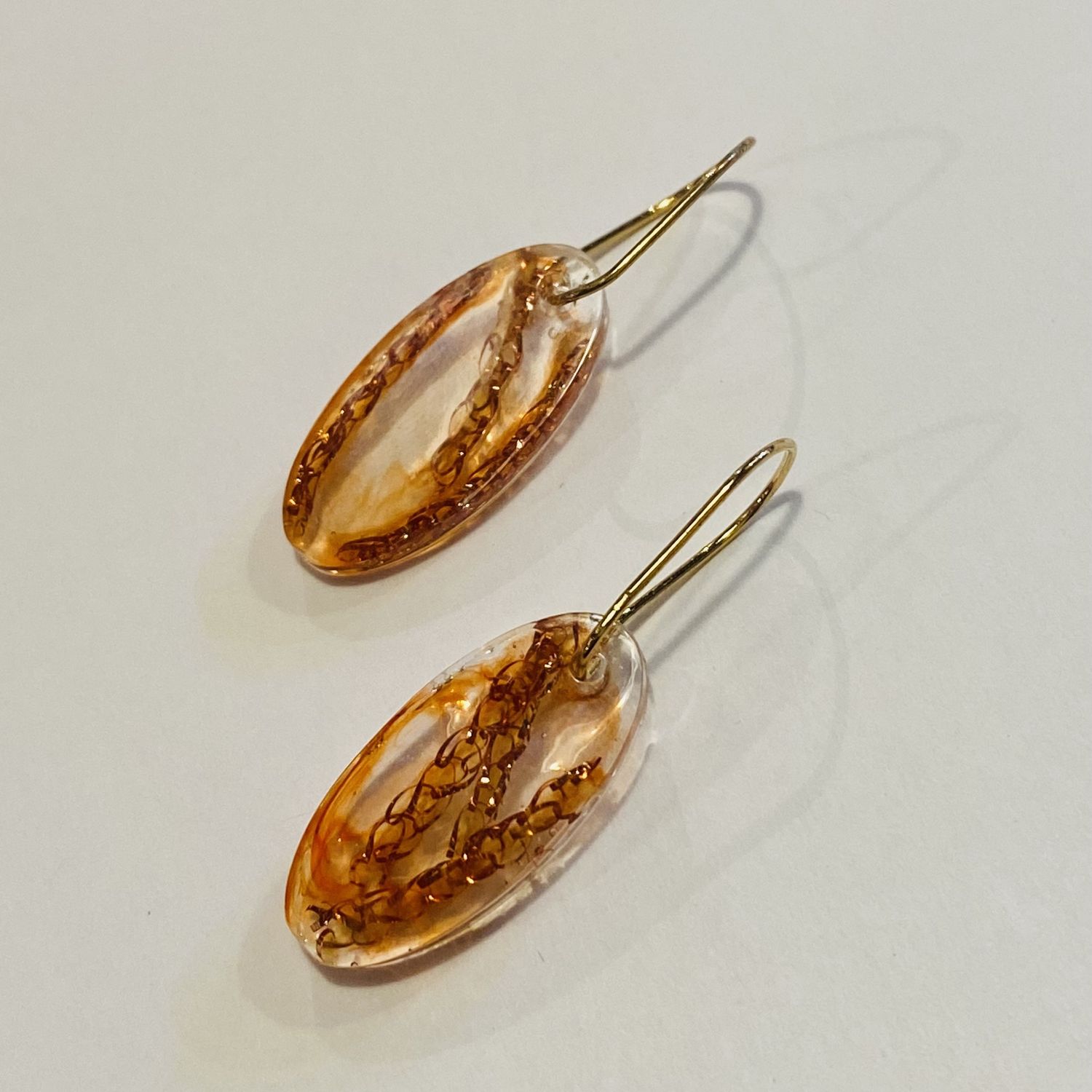 Frame Earring Small Resin Ovals w/ Orange Silk Sari