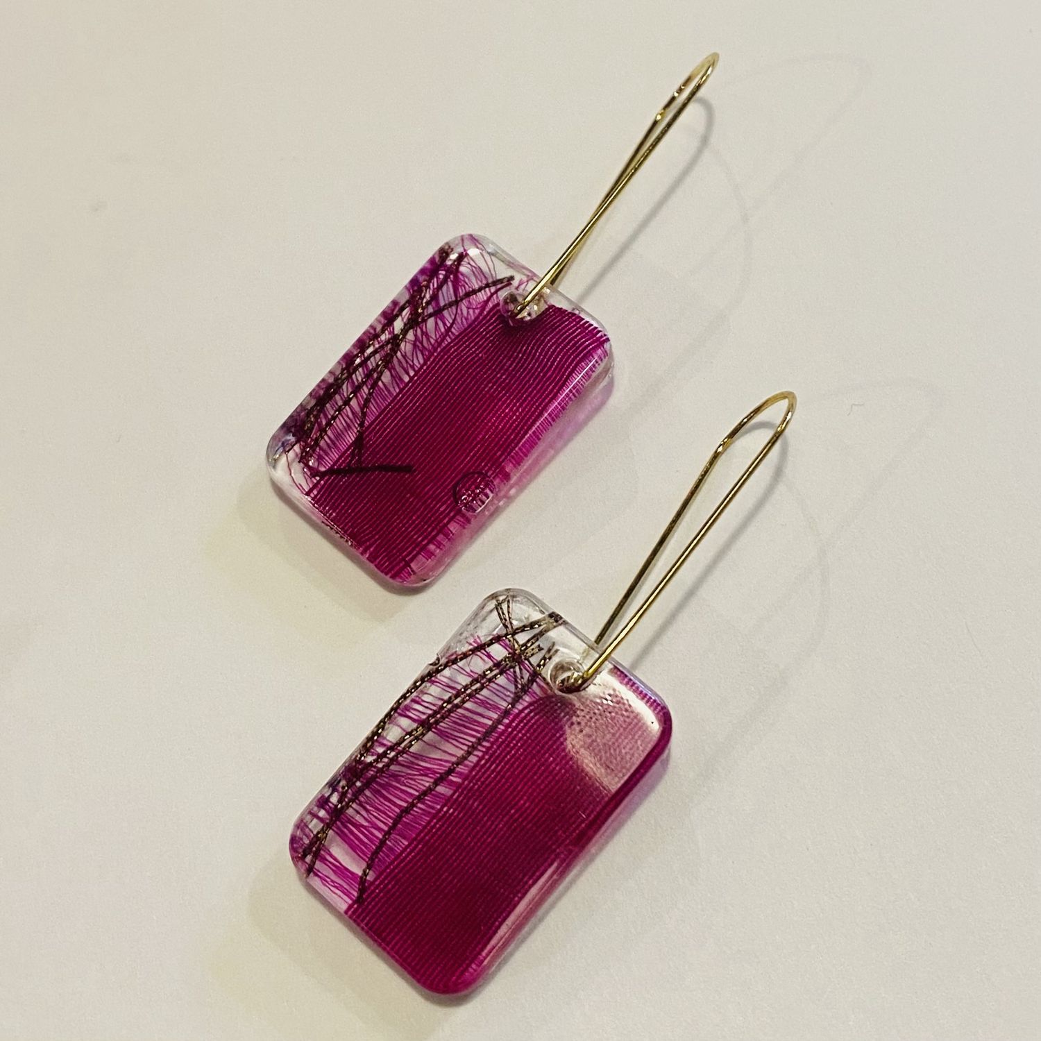 Frame Earring Wide Resin Rectangles w/ Magenta &amp; Gold Silk Sari