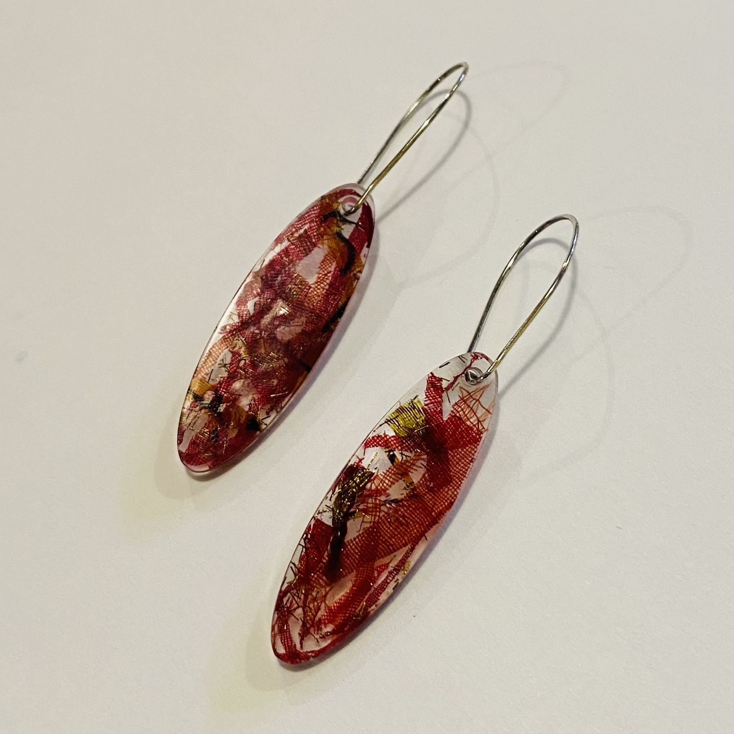 Frame Earring Small Resin Ovals w/ Red, Gold &amp; Black Silk Sari