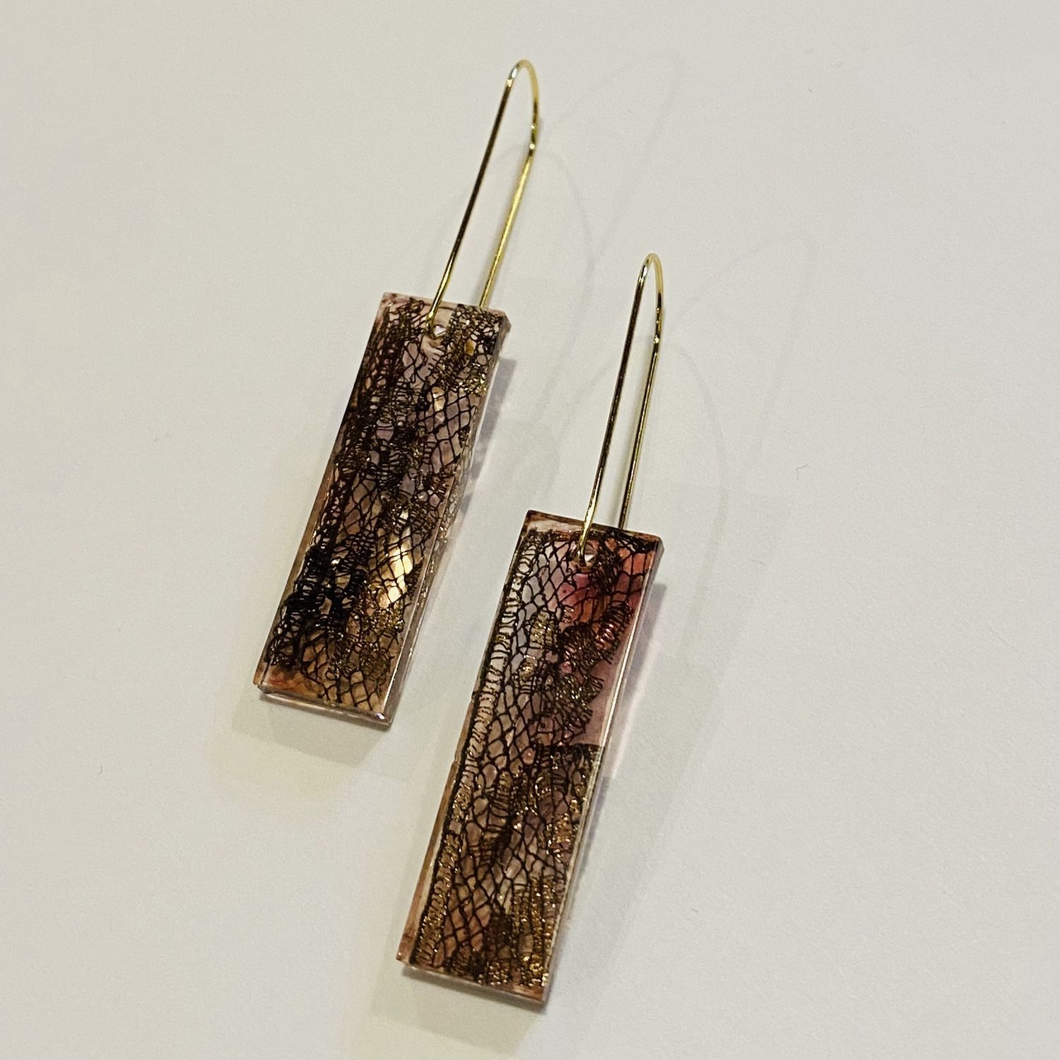Frame Earring Autumn Resin Rectangles w/ Gold &amp; Black Silk Sari