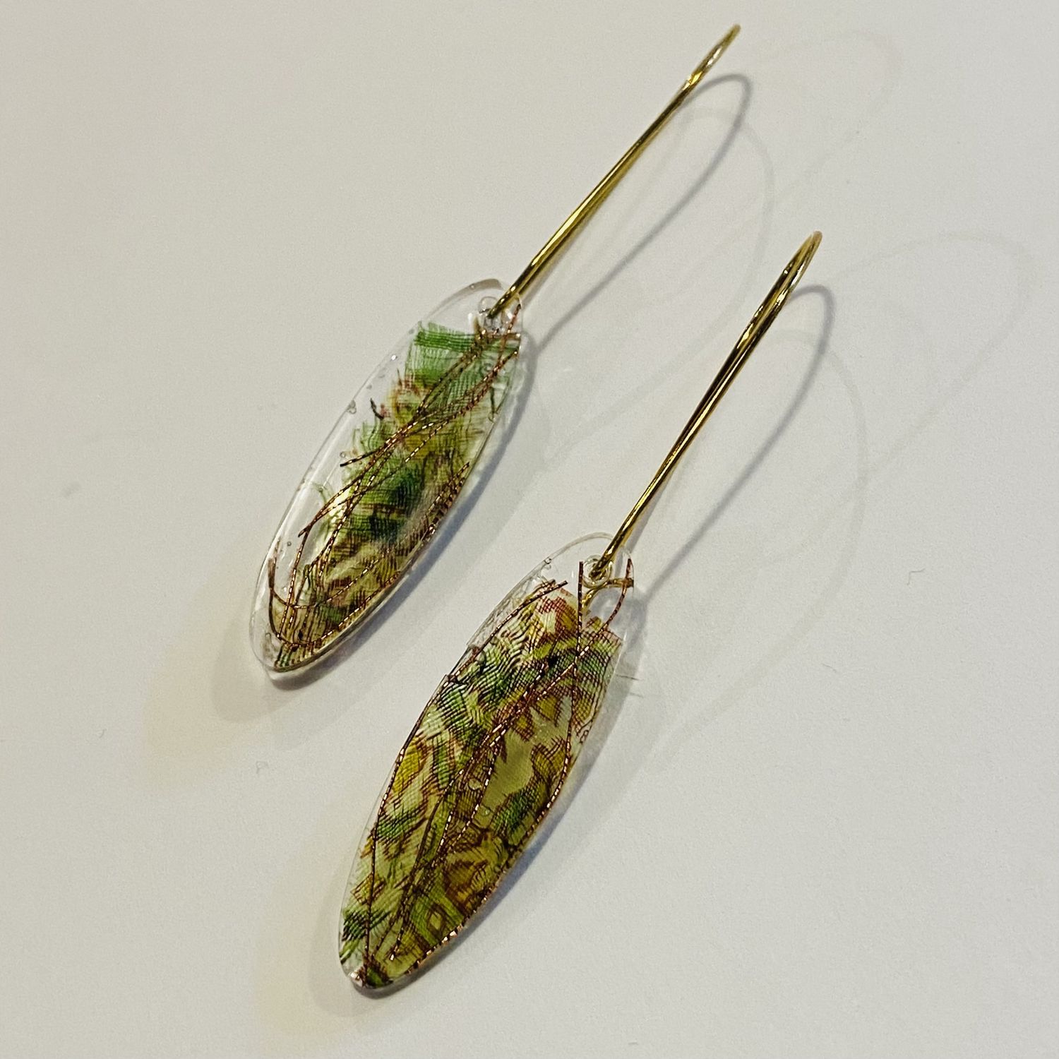 Frame Earring Resin Ovals w/ Green &amp; Gold Silk Sari