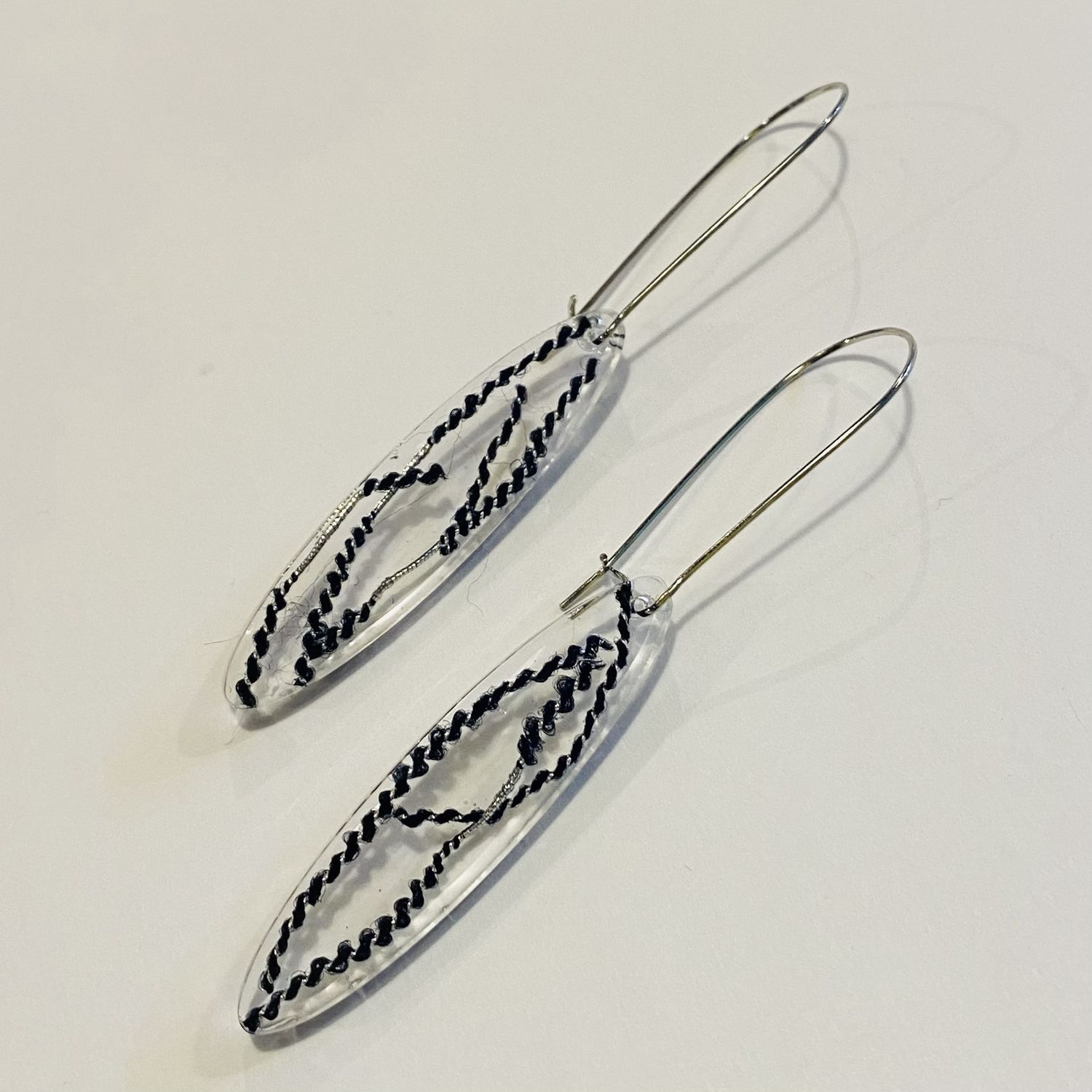 Frame Earring Clear Resin Ovals w/ Black &amp; Silver Silk Sari