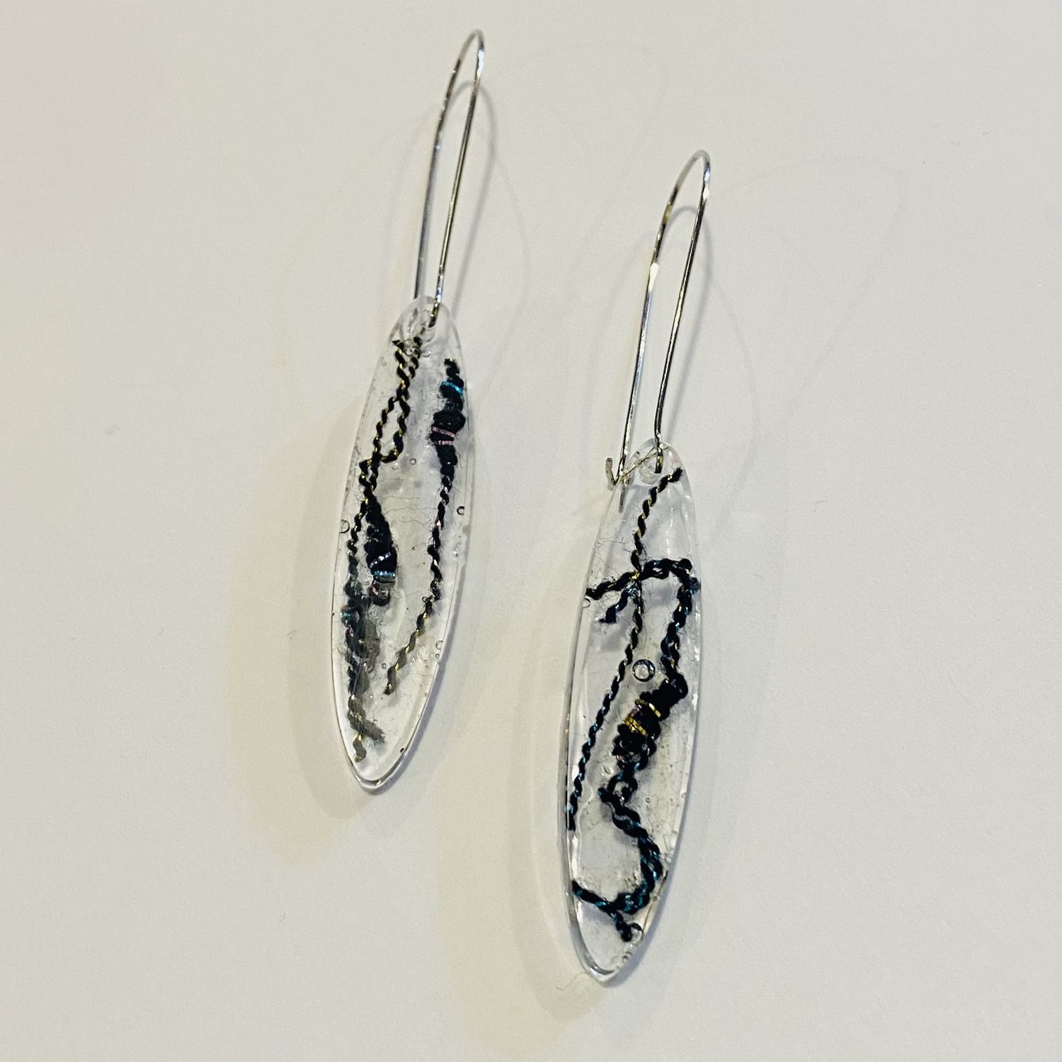 Frame Earring Clear Resin Ovals w/ Black &amp; Iridescent Silk Sari