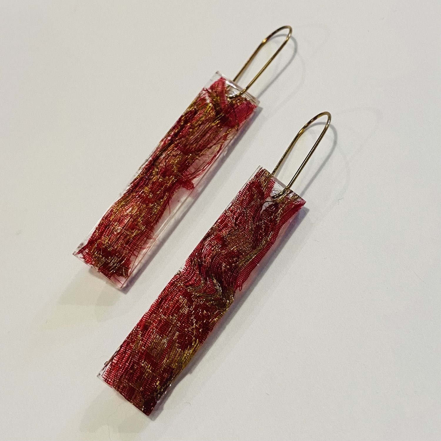 Frame Earring Resin Rectangles w/ Red &amp; Gold Silk Sari