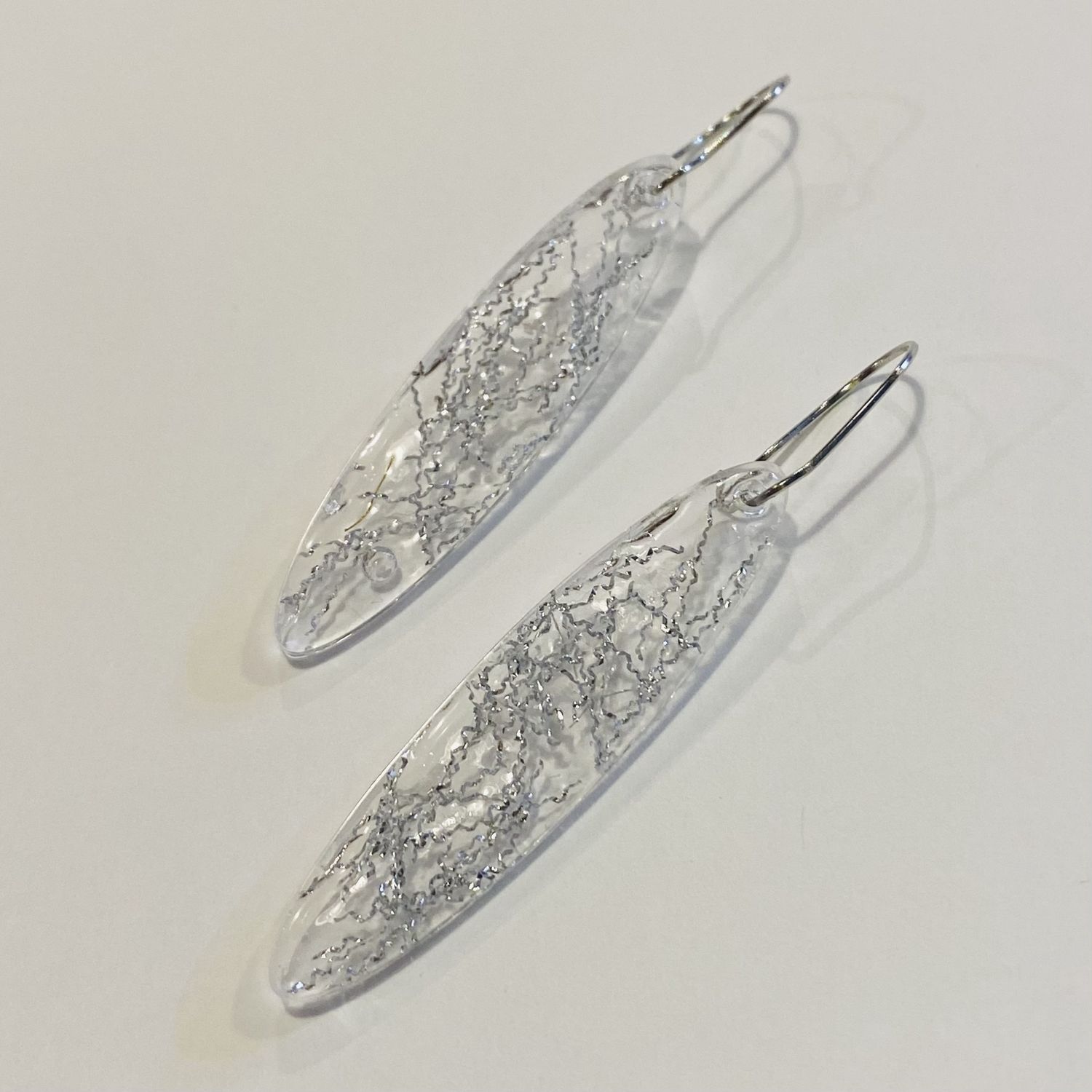 Frame Earring Clear Resin Ovals w/ Silver Silk Sari