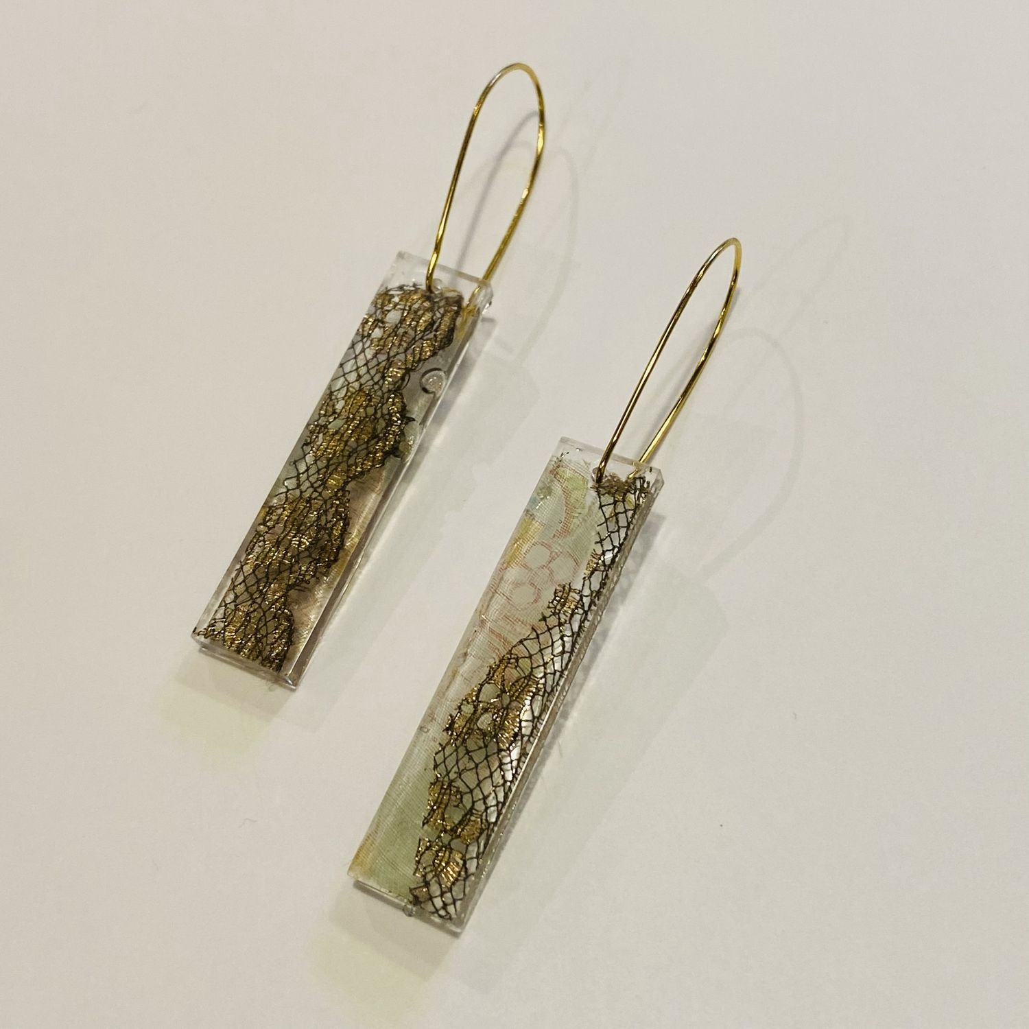 Frame Earring Resin Rectangle w/ Green &amp; Gold Silk Sari