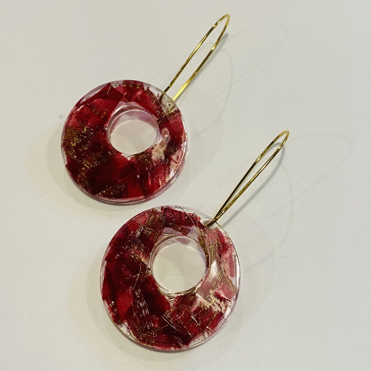 Frame Earring Resin Hoops w/ Red &amp; Gold Silk Sari