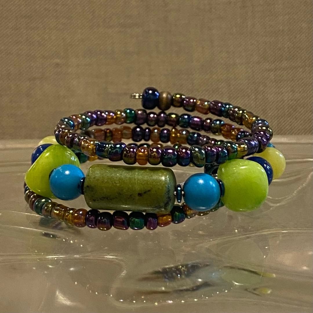 Ormsby Wrap Bracelet Dark Iridescent Seed Beads w/ Green &amp; Blue Stones
