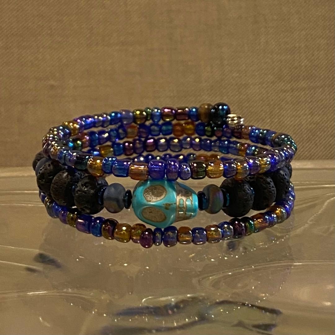 Ormsby Wrap Bracelet Dark Blue Iridescent Seed Beads w/ Lava Stones &amp; Carved Turquoise Skull