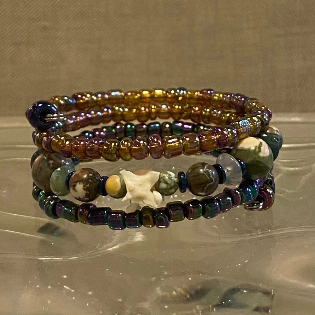 Ormsby Wrap Bracelet Dark Blue &amp; Orange Iridescent Seed Beads w/ Rustic Green Stones &amp; Snake Vertebrae