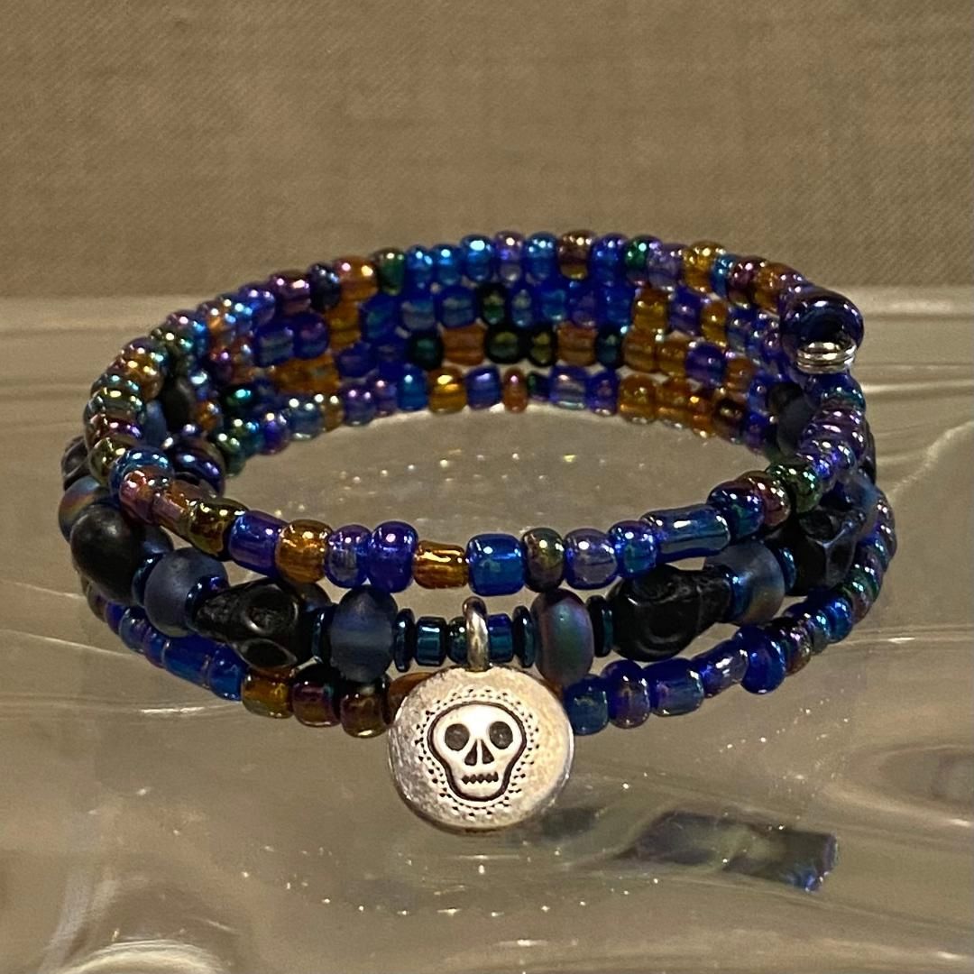 Ormsby Wrap Bracelet Dark Blue Iridescent Seed Beads w/ Carved Black Stone Skulls and Silver Skull Charm
