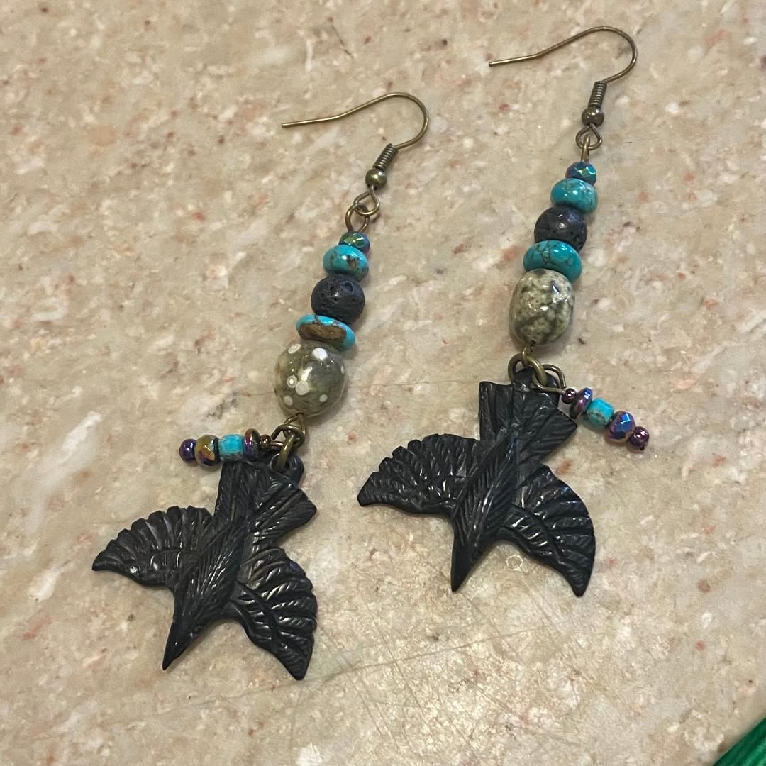Ormsby Earring Carved Buffalo Horn Ravens w/ Iridescent Crystals, Turquoise &amp; Lava Stones