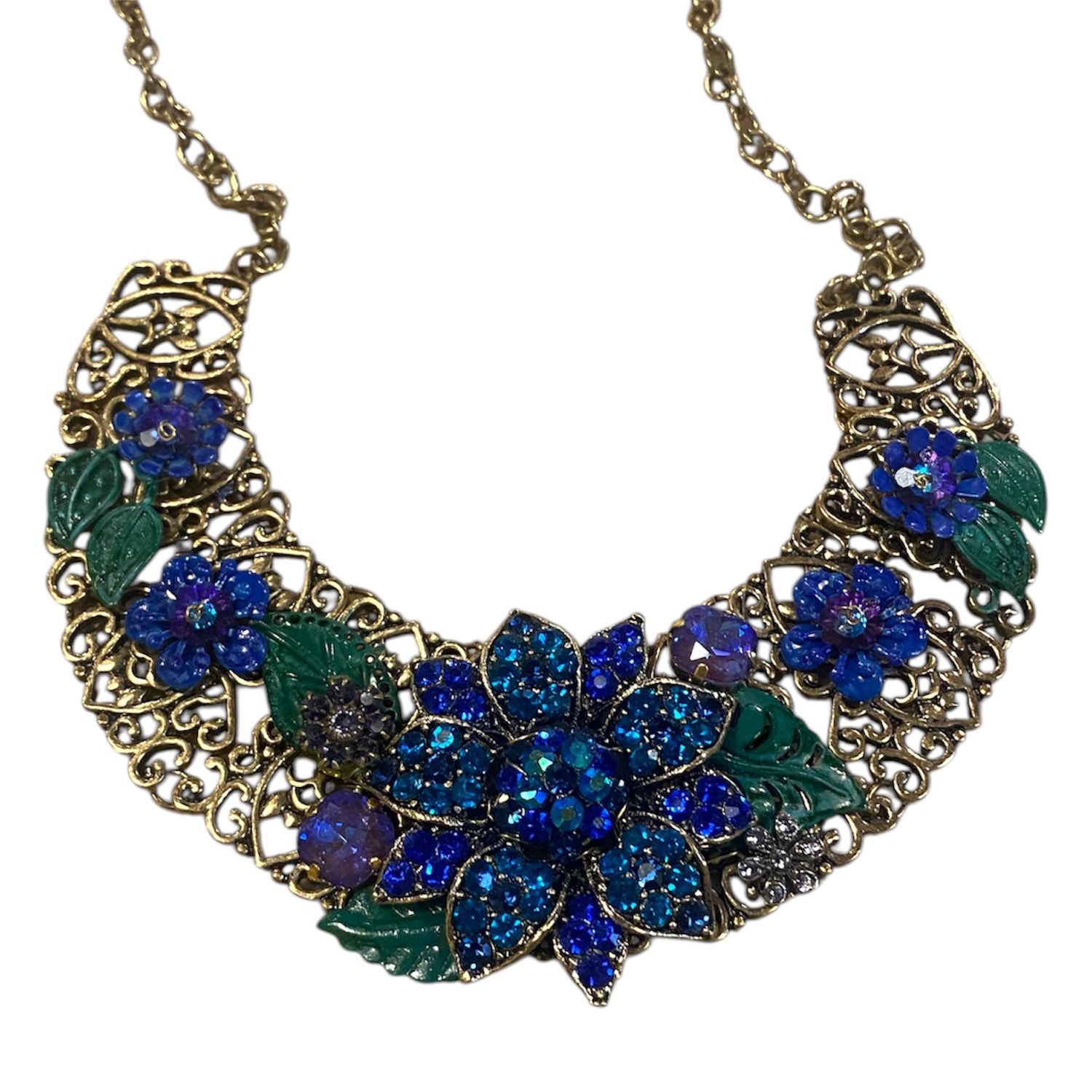 The Bling Lady Necklace Dark Blue Flowers on Patinaed Gold Lacework