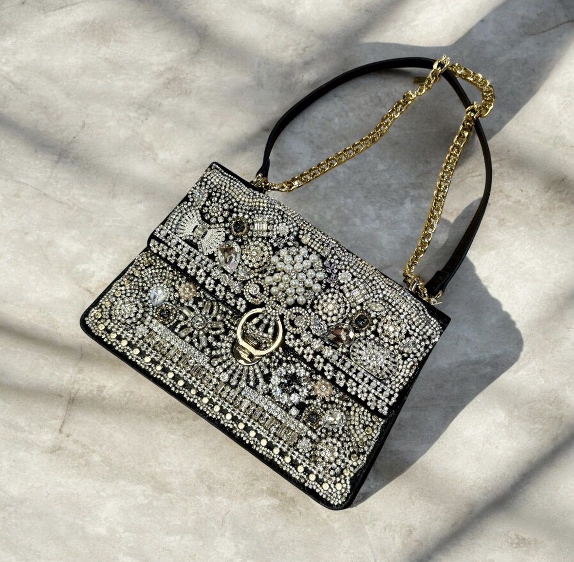 The Bling Lady Pearl &amp; Crystals on Black Purse w/ Gold Chain Strap