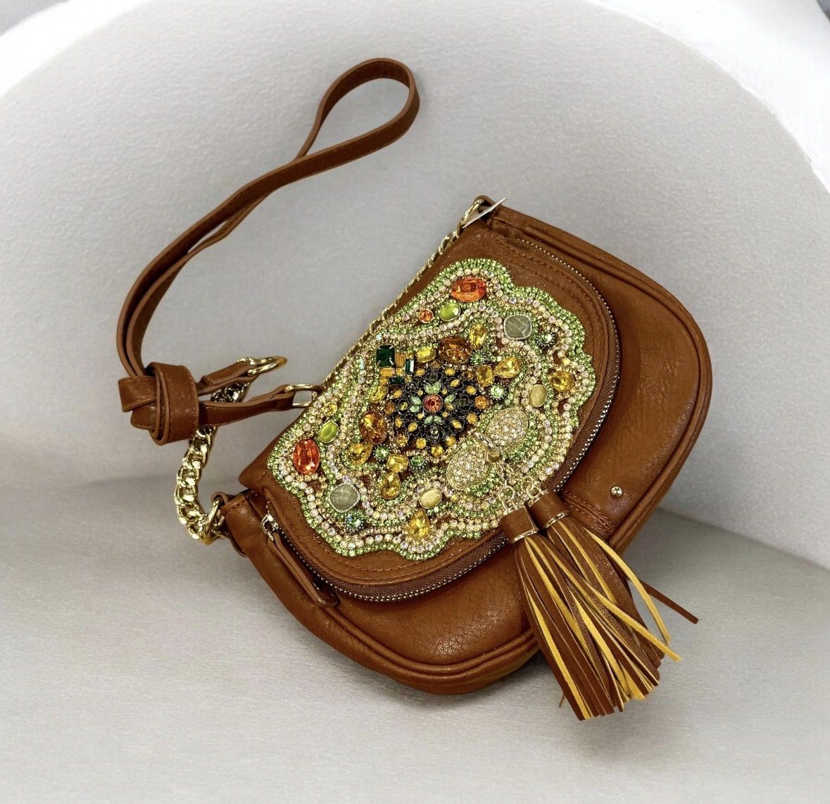 The Bling Lady Brown Leather Purse w/ Green &amp; Yellow Crystals