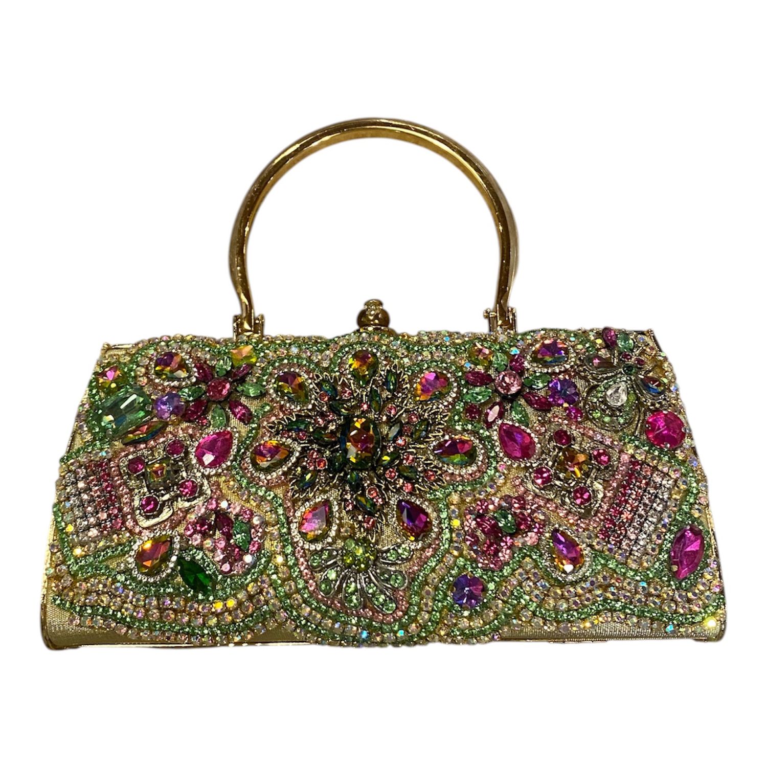 The Bling Lady Green &amp; Pink Crystal Flower Purse