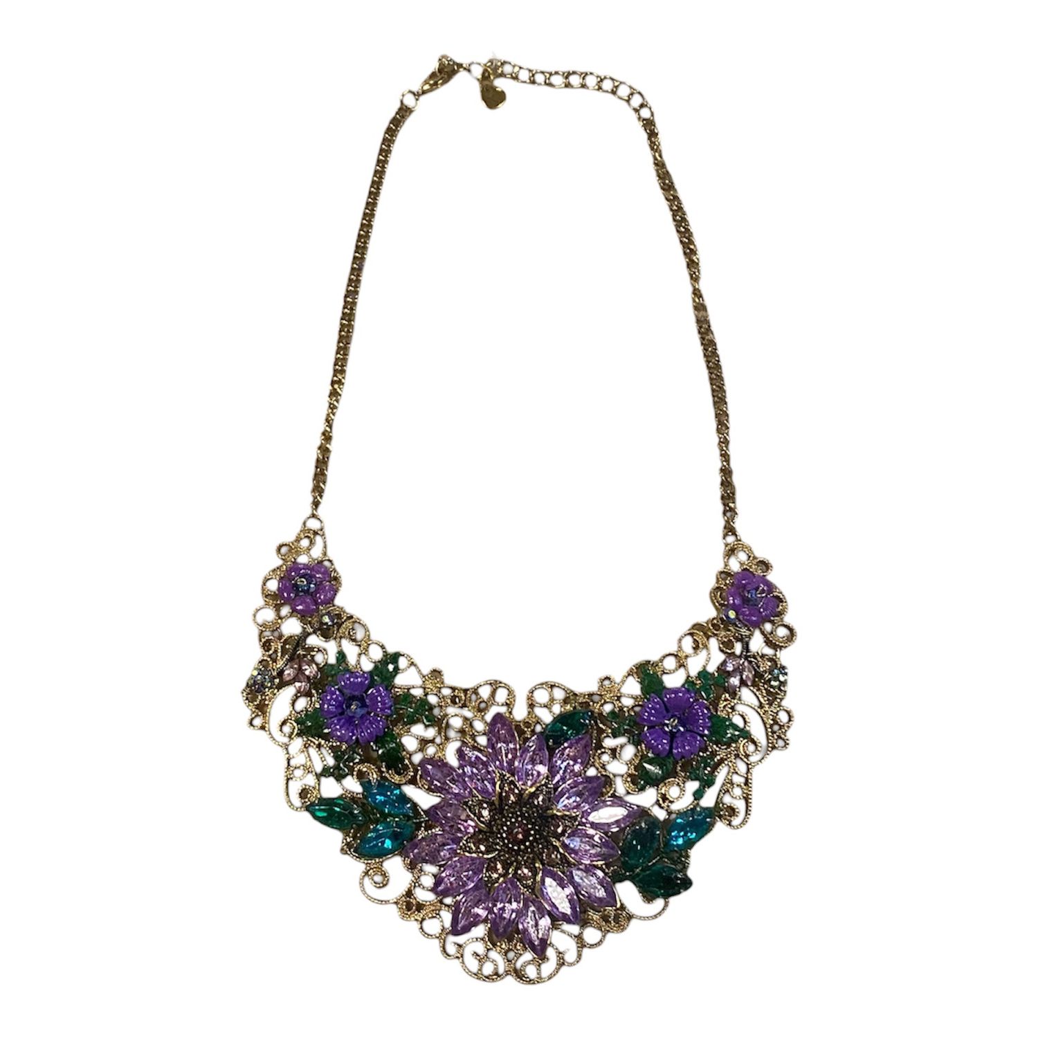 The Bling Lady Necklace Purple Flowers on Gold Lacework