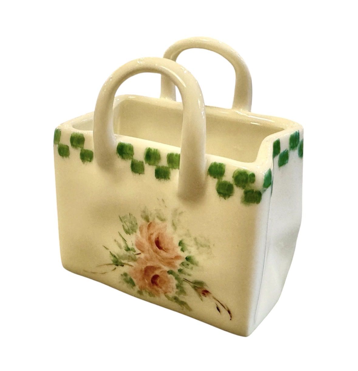 Ritz Porcelain Purse w/ Roses &amp; Green Checker Boarder