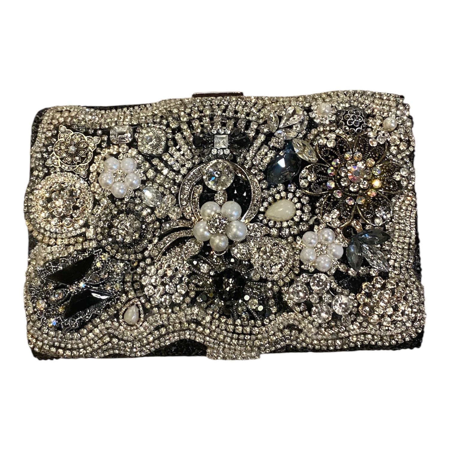 The Bling Lady Black Evening Bag w/ Pearl &amp; White Rhinestones
