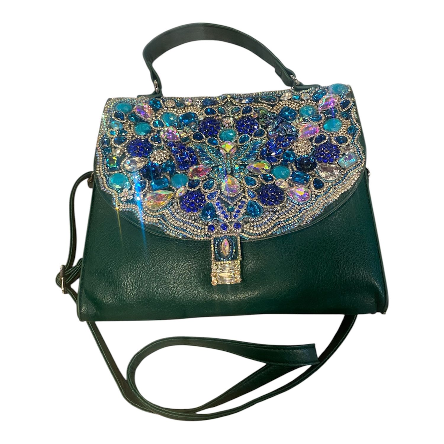 The Bling Lady Green Leather Purse w/ Teal Rhinestone Butterfly