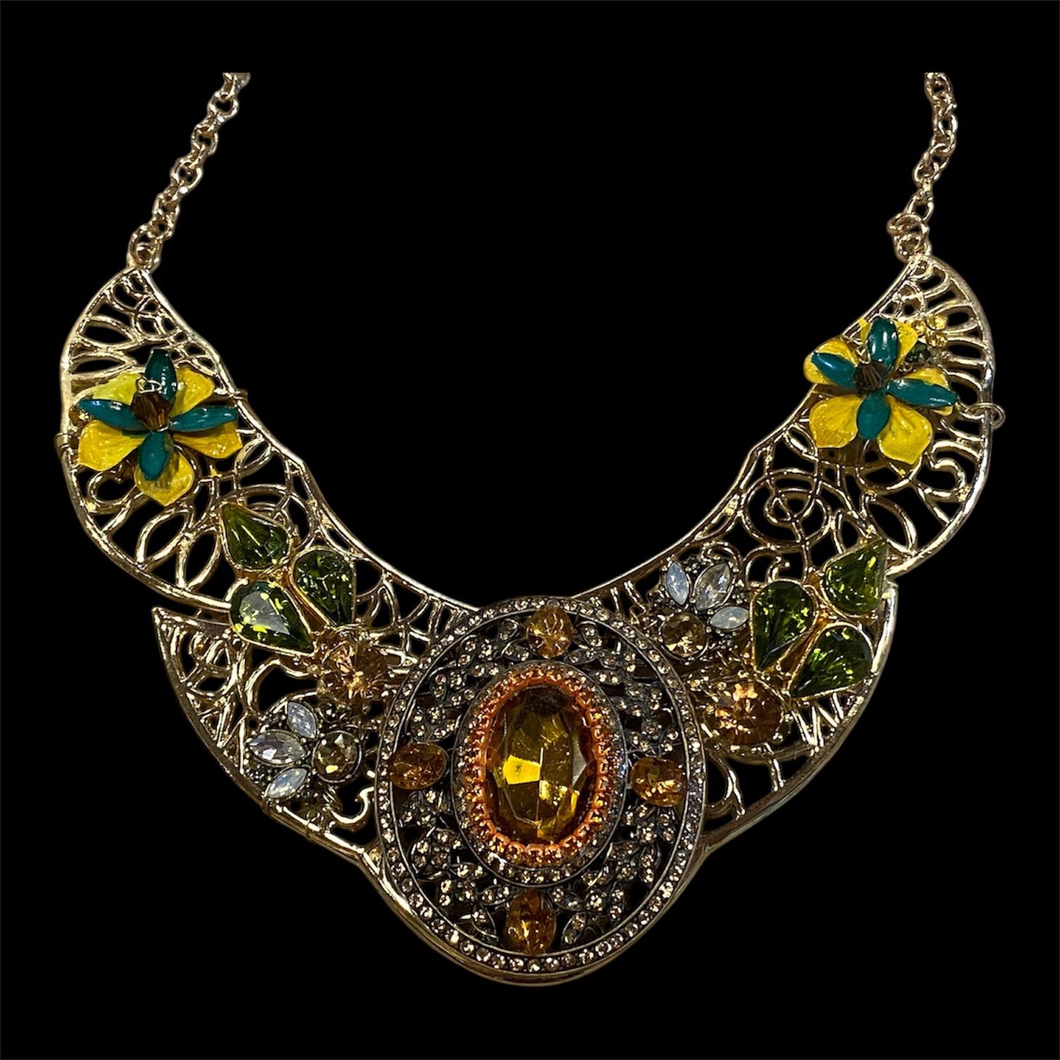 The Bling Lady Orange Rhinestone w/ Yellow Flowers Necklace