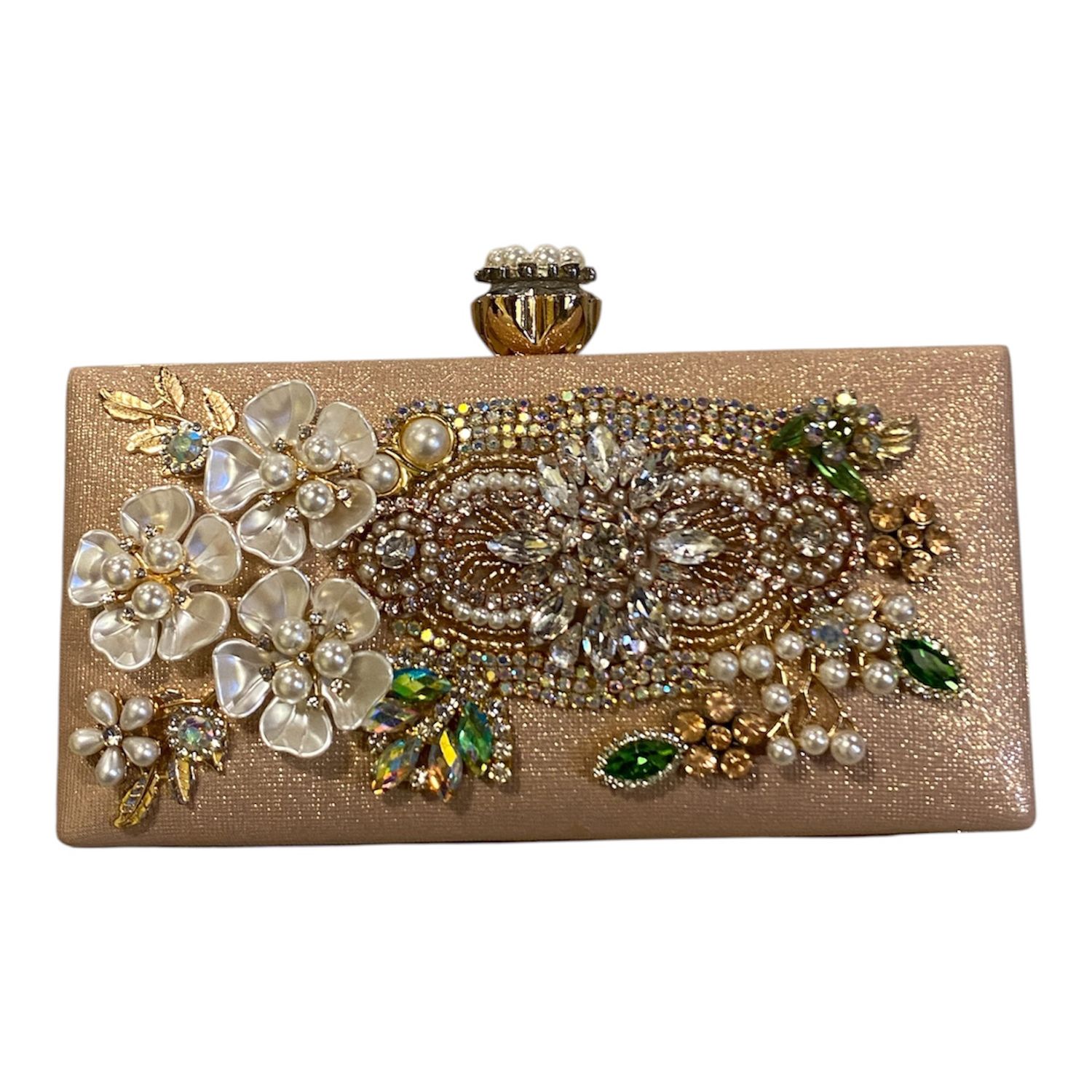 The Bling Lady Peach Glitter Evening Bag w/ Peal/White Rhinestones &amp; Green Leaves