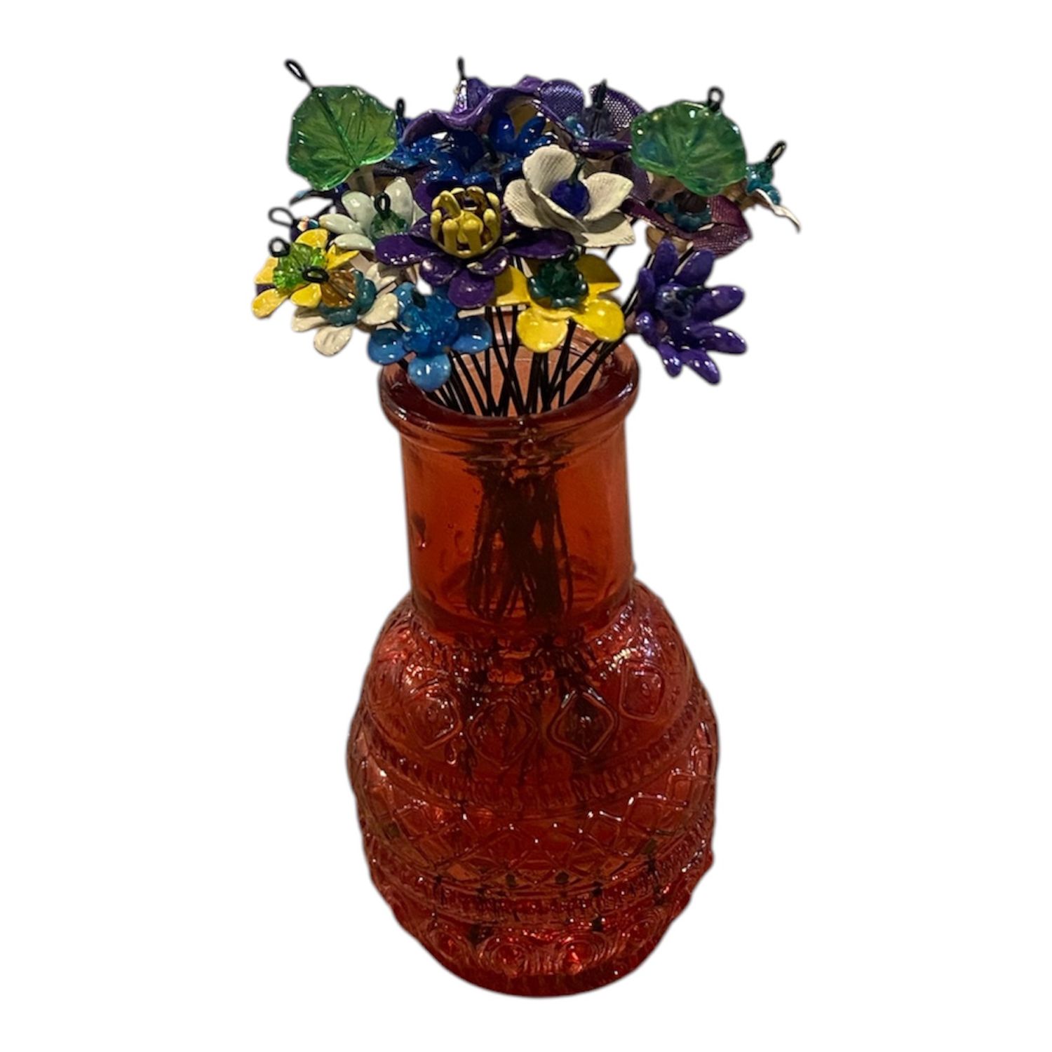 The Bling Lady Forever Flowers Purple, Blue, Yellow &amp; White in Red Vase
