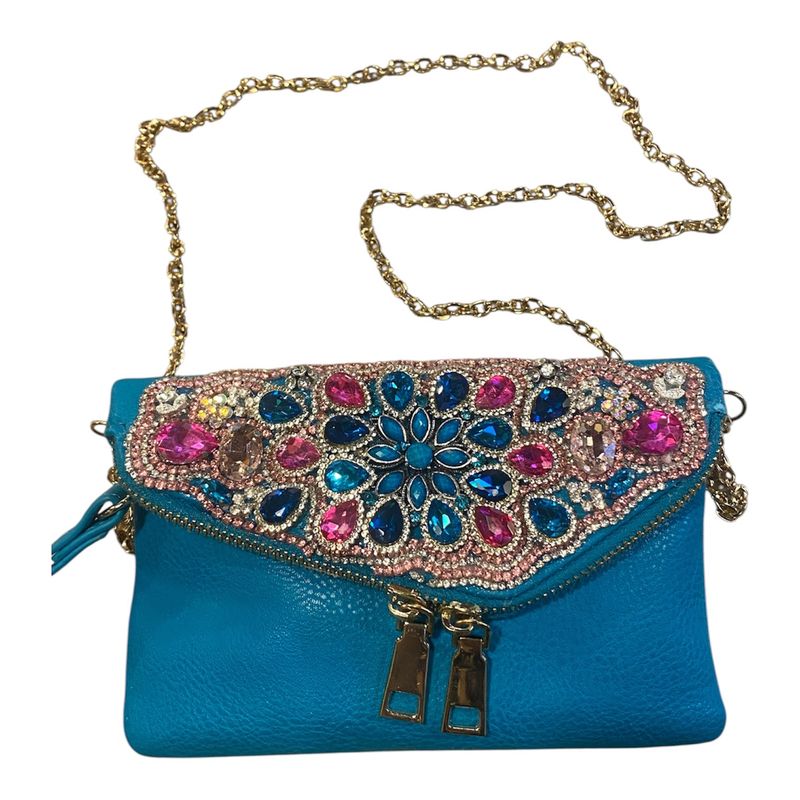 The Bling Lady Small Turquoise Purse w/ Pink &amp; Turquoise Rhinestones