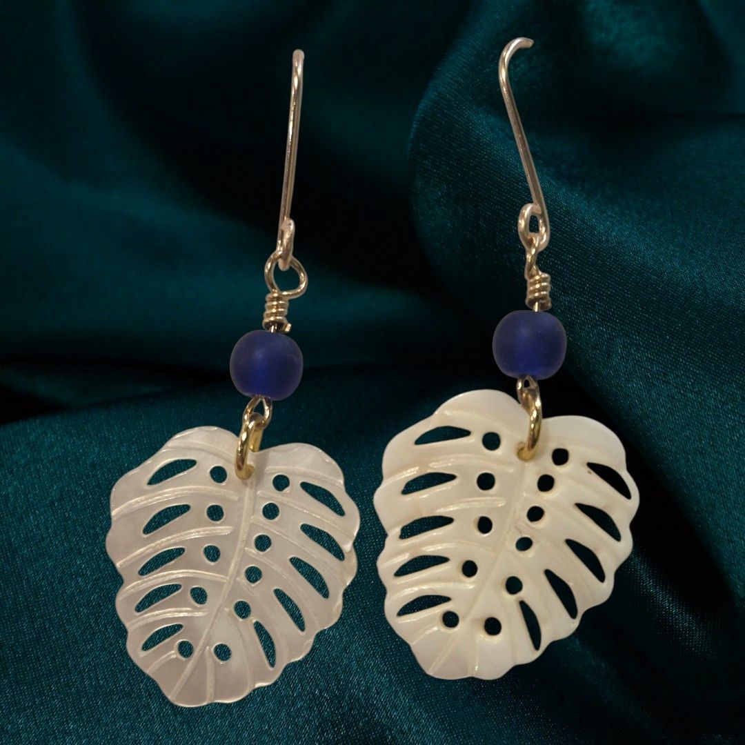 Sunshine Earring Mother of Pearl Palm Leaf with Blue Bead