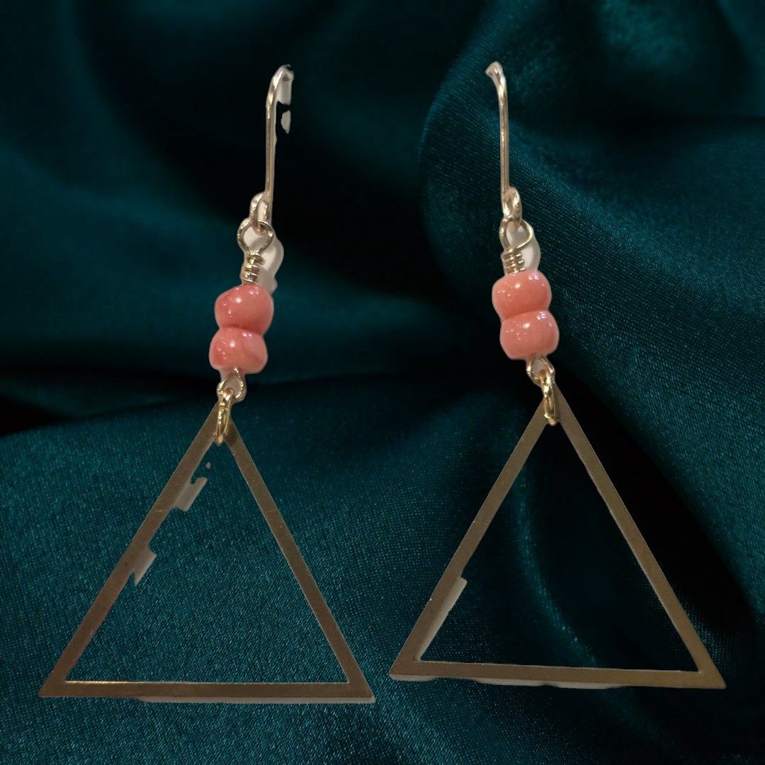 Sunshine Earring Brass Triangle with Pink Beads