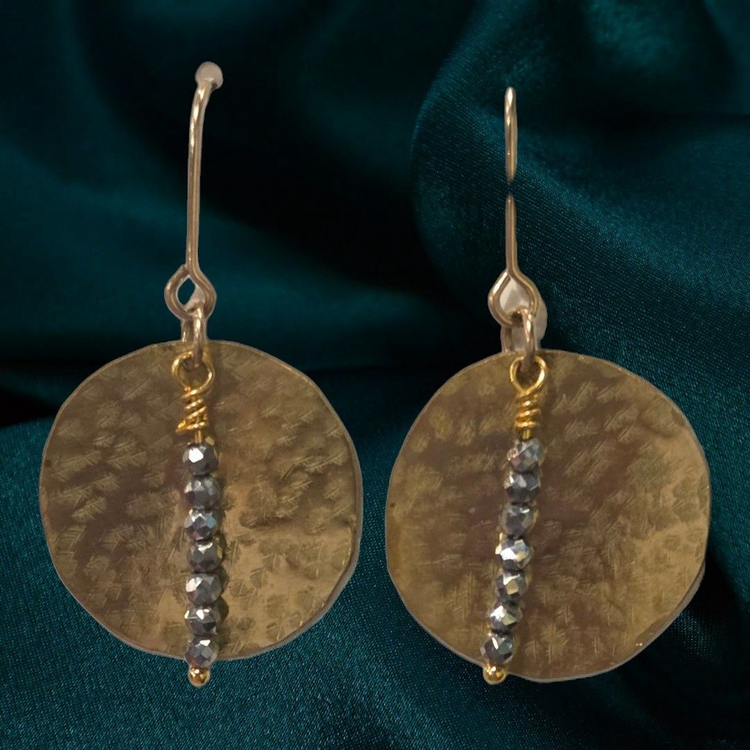 Sunshine Earring Hammered Brass Circle with Bead Accent
