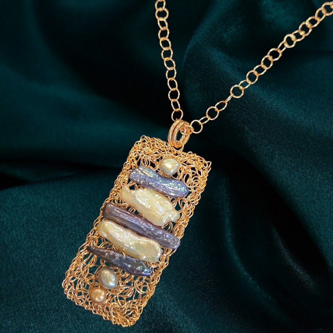 MetaLace Necklace Bronze Large Rectangle with Multi-Color Stick Pearls on Bronze Chain