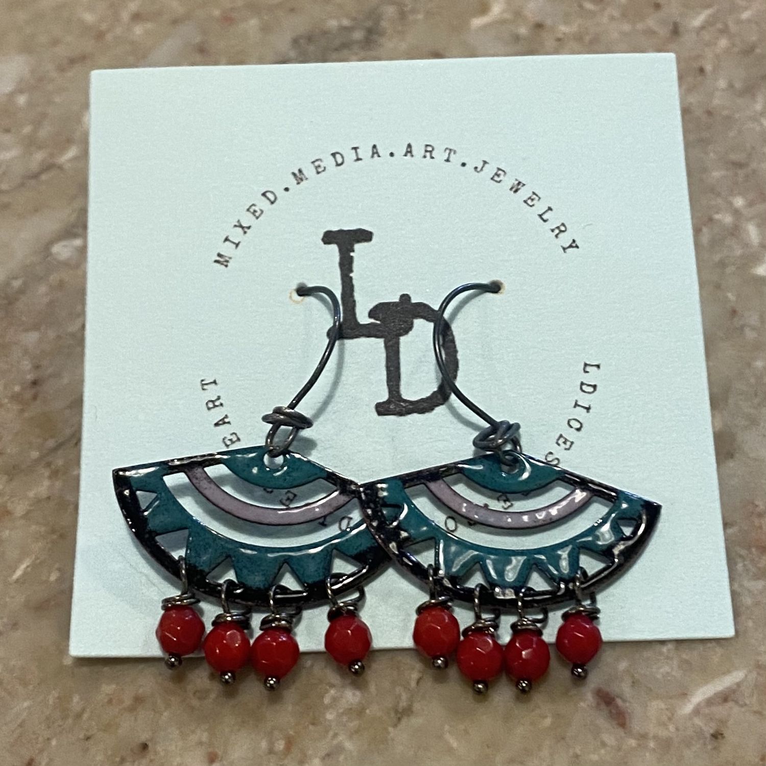 DiCesare Earrings Blue, Black &amp; Pink Fan w/ Red Beads