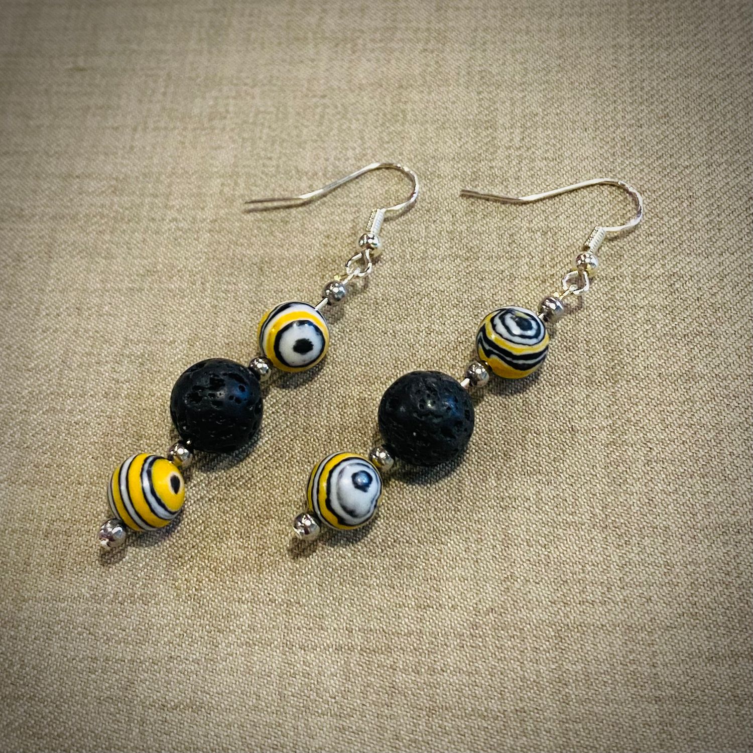 Gerber Earring Yellow Agate &amp; Lava Stone