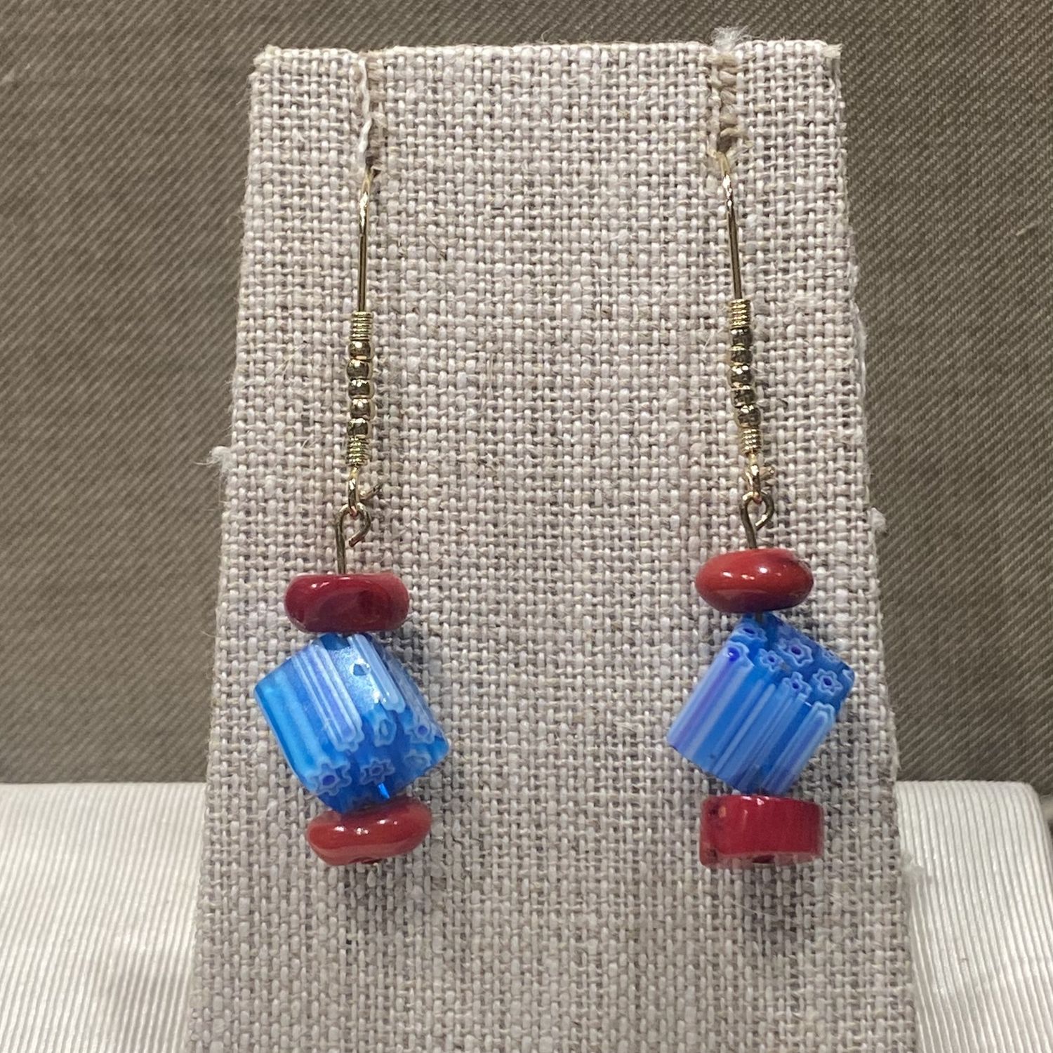 Gerber Earring Coral w/ Flower Blue Glass Square