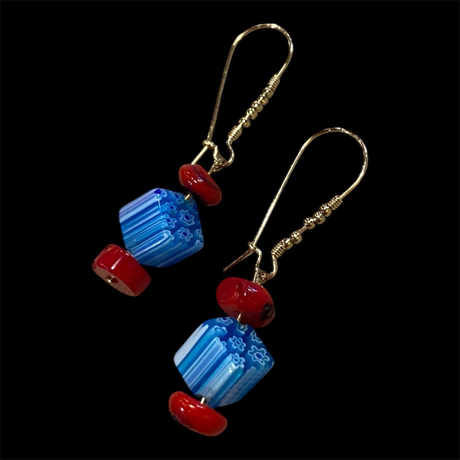 Gerber Earring Coral w/ Flower Blue Glass Square