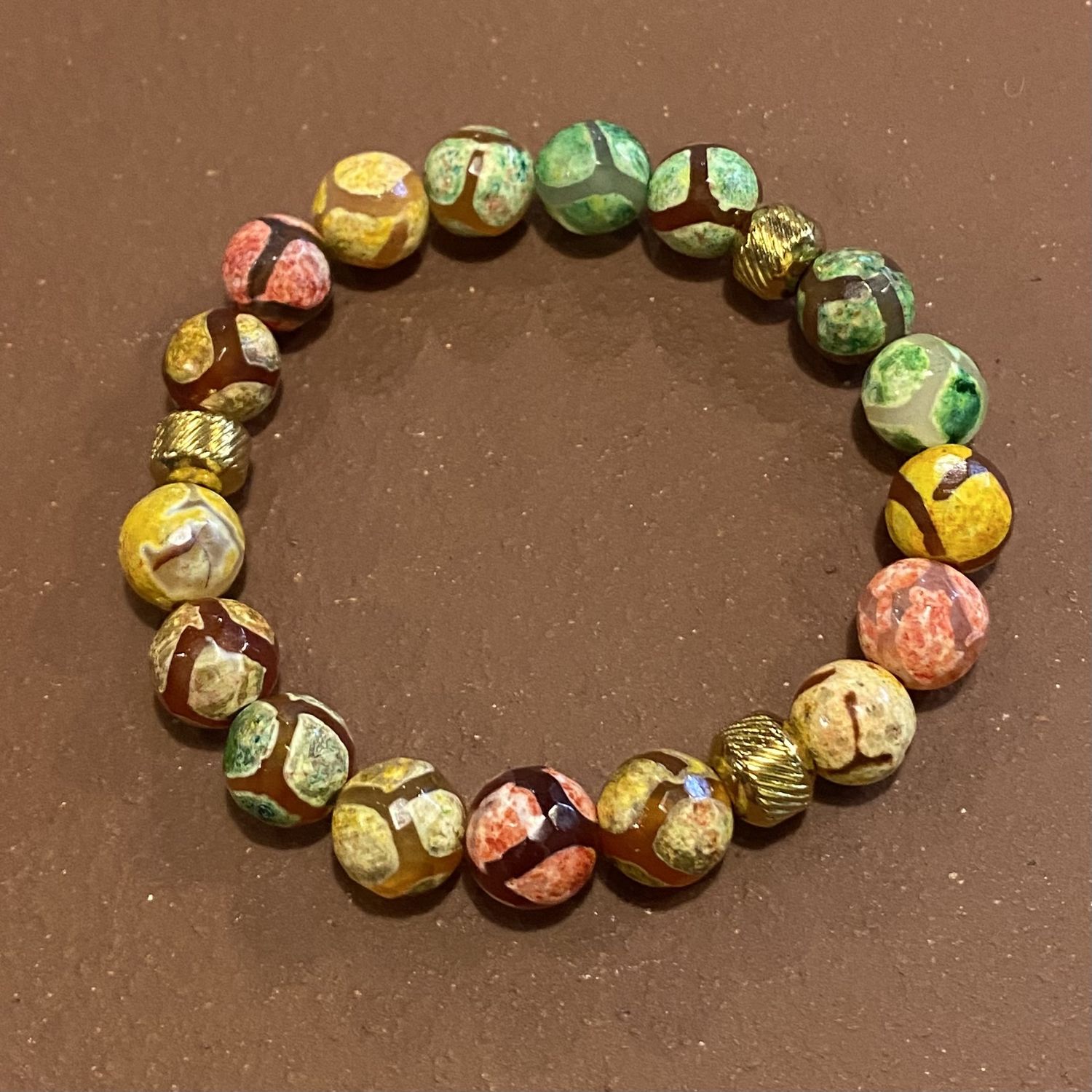 Gerber Bracelet Red, Green &amp; Yellow Agate w/ Gold Textured Beads