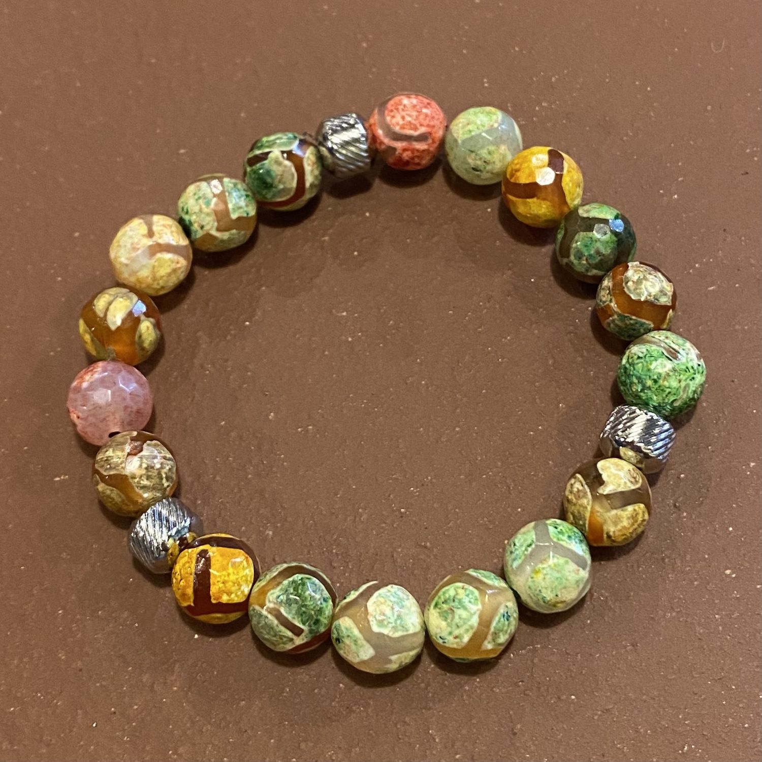 Gerber Braclet Red, Green &amp; Yellow Agate  w/ Texture Stainless Steel Beads