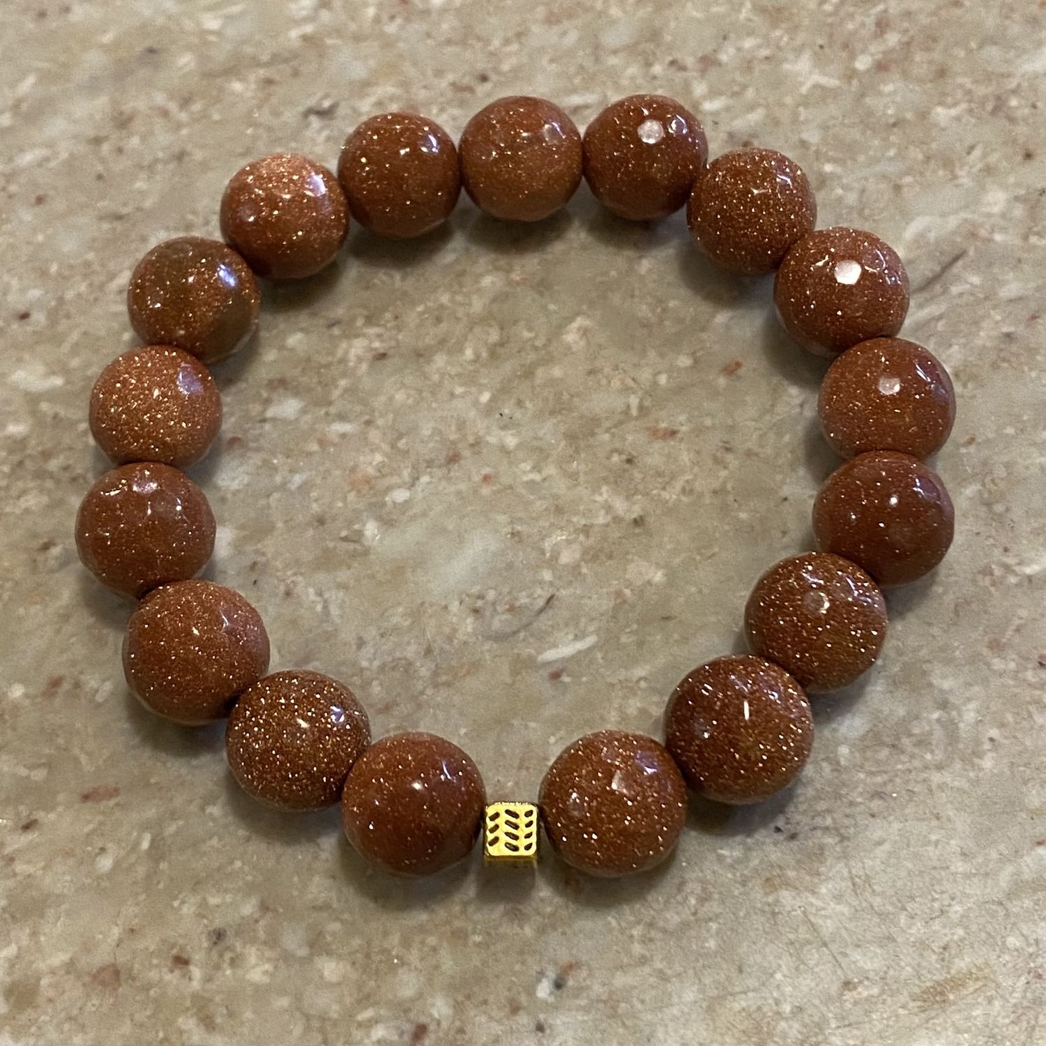Gerber Bracelet Faceleted Goldstone Beads w/ Textured Gold Square