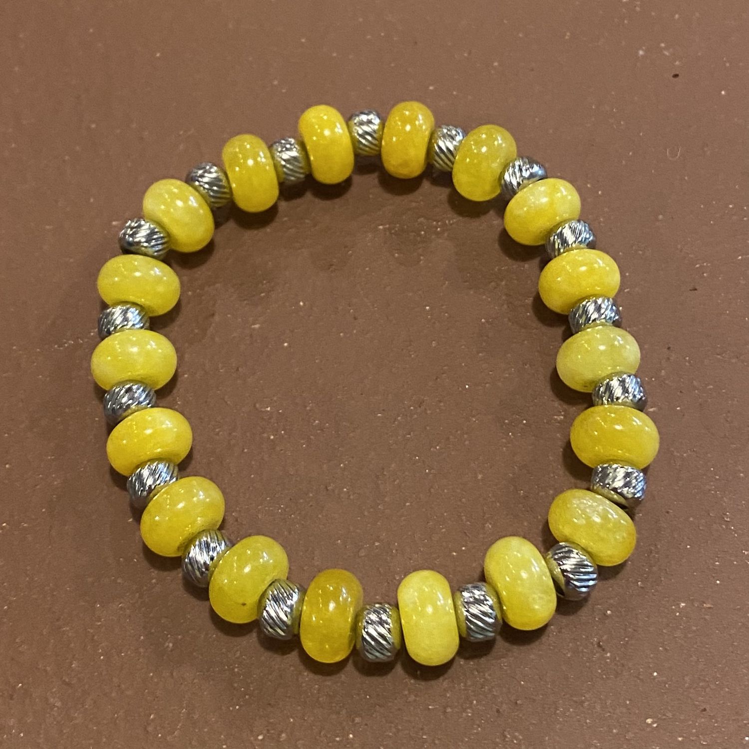 Gerber Bracelet Yellow Jade w/ Textured Stainless Steel Beads