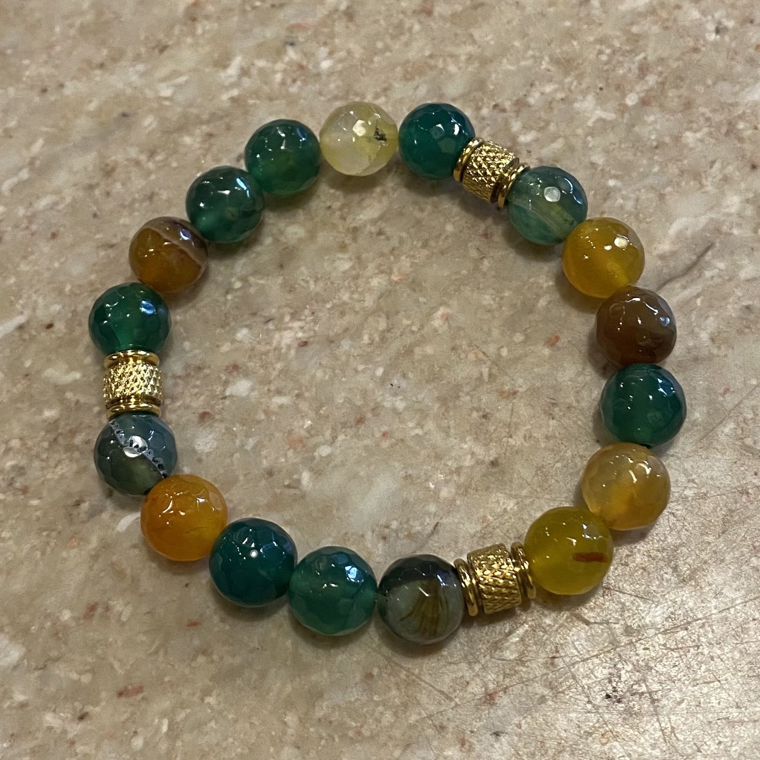 Gerber Bracelet Faceted Orange, Yellow &amp; Green Agate w/ Textured 18k plated Gold Beads
