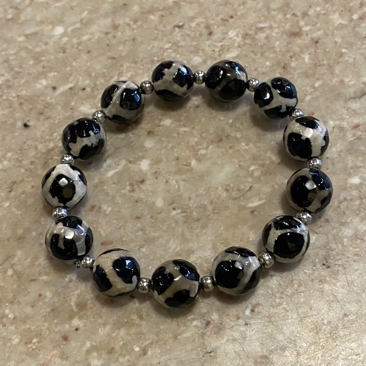 Gerber Bracelet Faceted Black &amp; Tan Agate w/ Silver Spacers