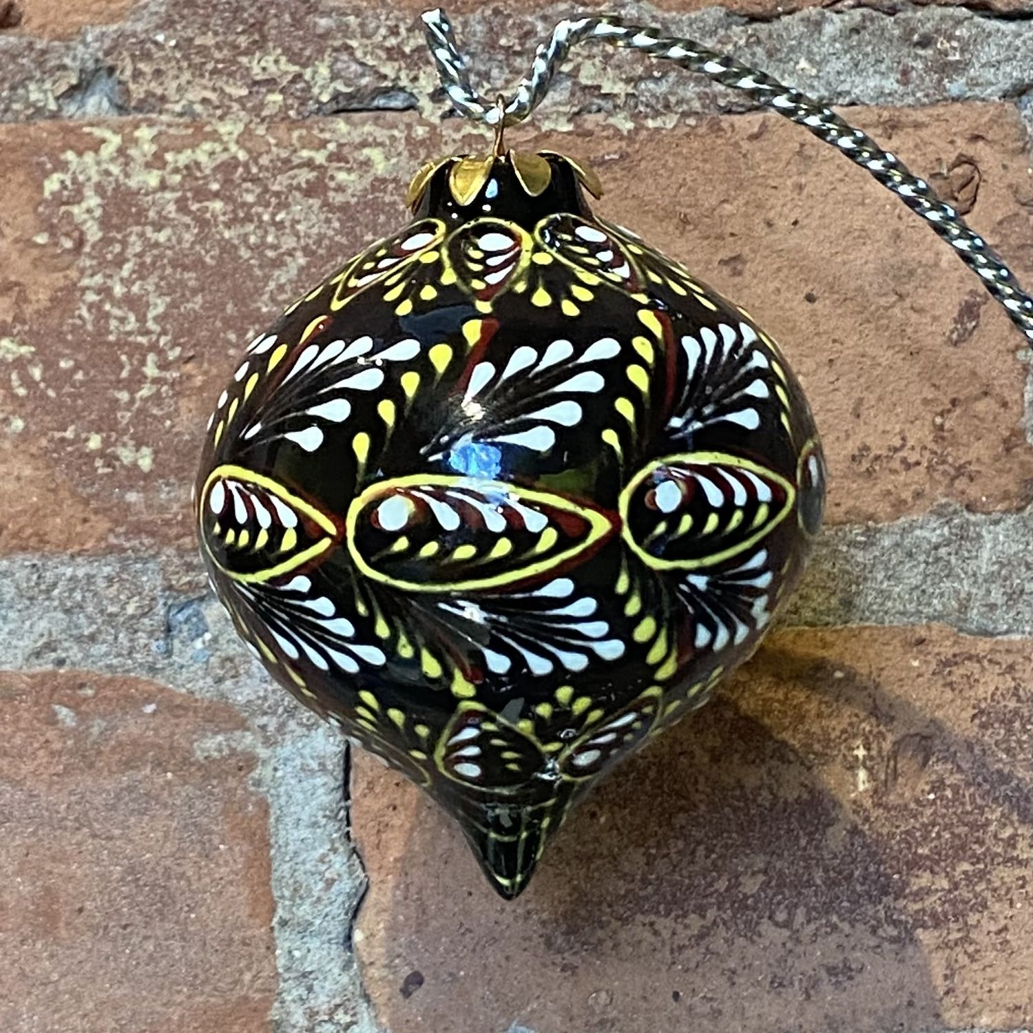Heritage Ornament Brown w/ Red, Yellow &amp; White Leafing Tear Drop Ceramic