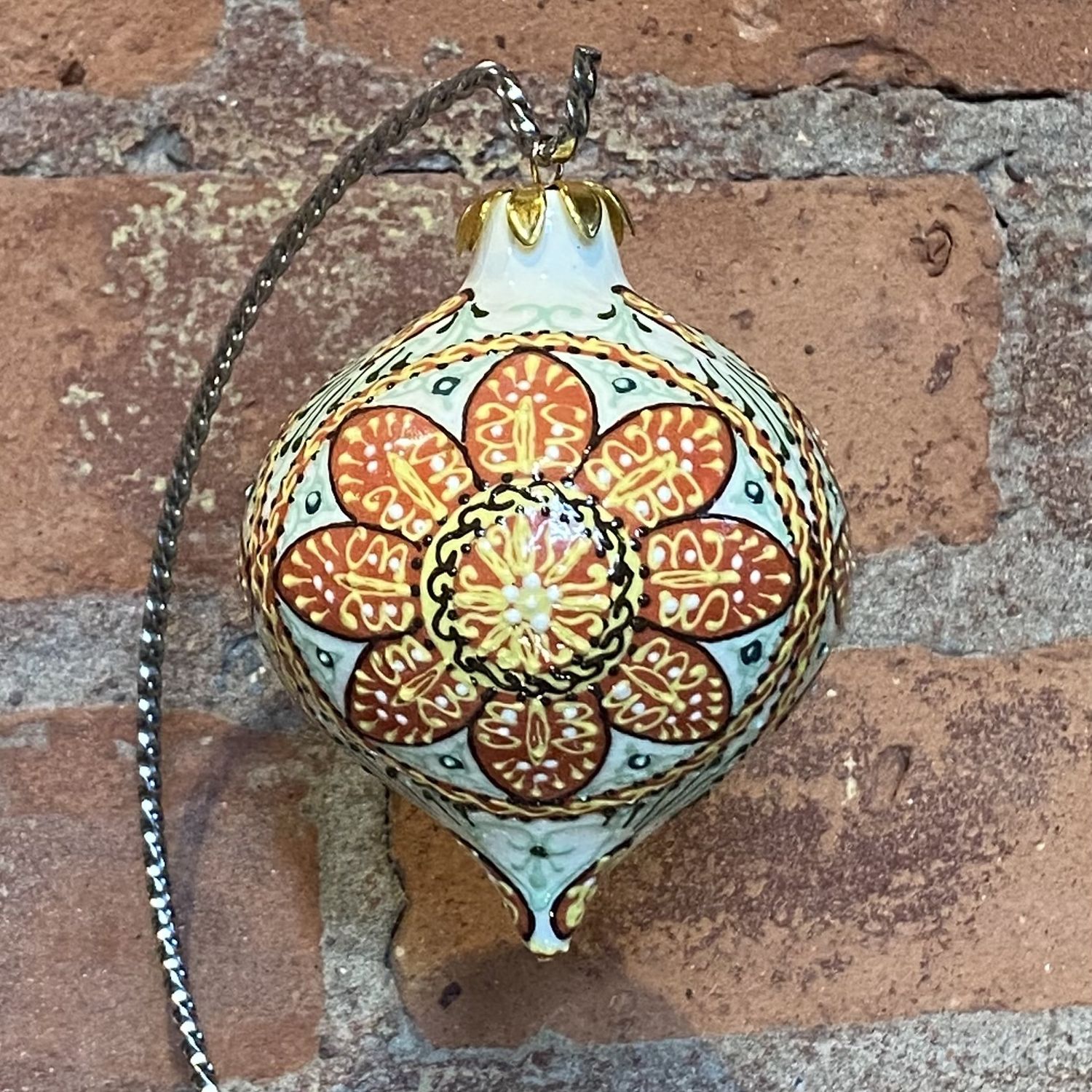 Heritage Ornament Orange &amp; Yellow Flowers w/ Green Filigree Tear Drop Ceramic