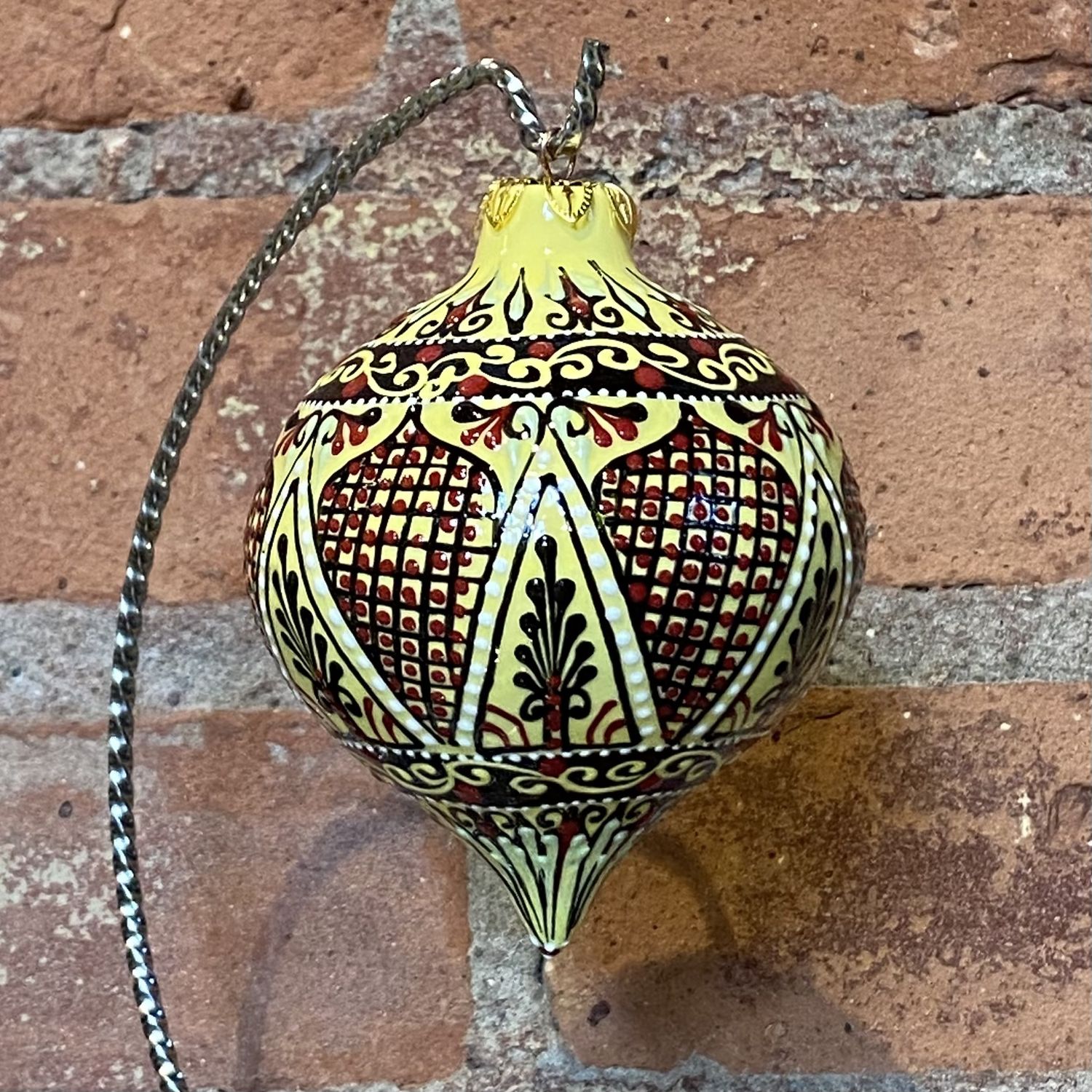 Heritage Ornament Yellow w/ Red &amp; White Dots w/ Black Filigree Tear Drop Ceramic