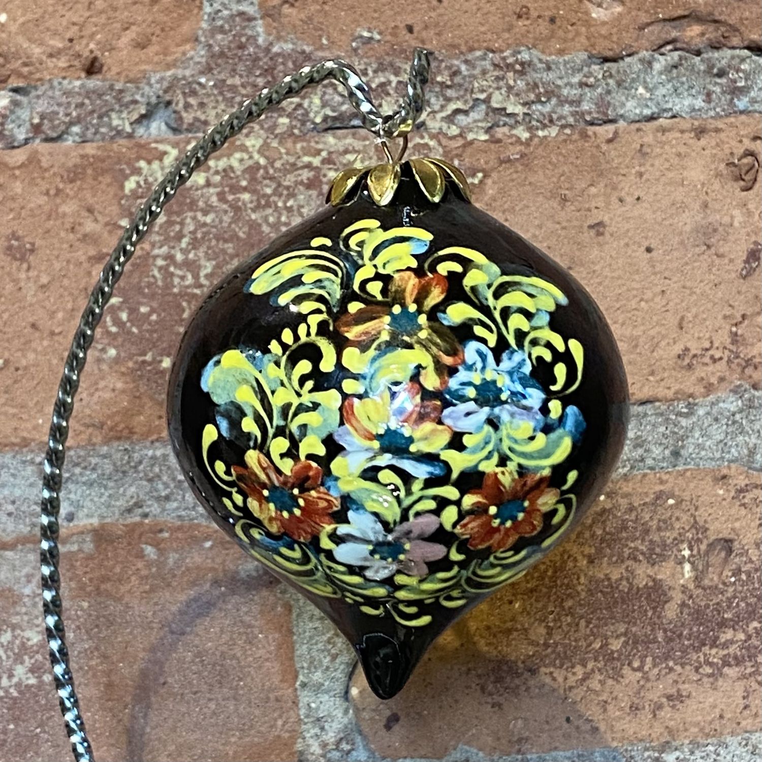 Heritage Ornament Brown w/ Red, Yellow &amp; White Flowers Tear Drop Ceramic