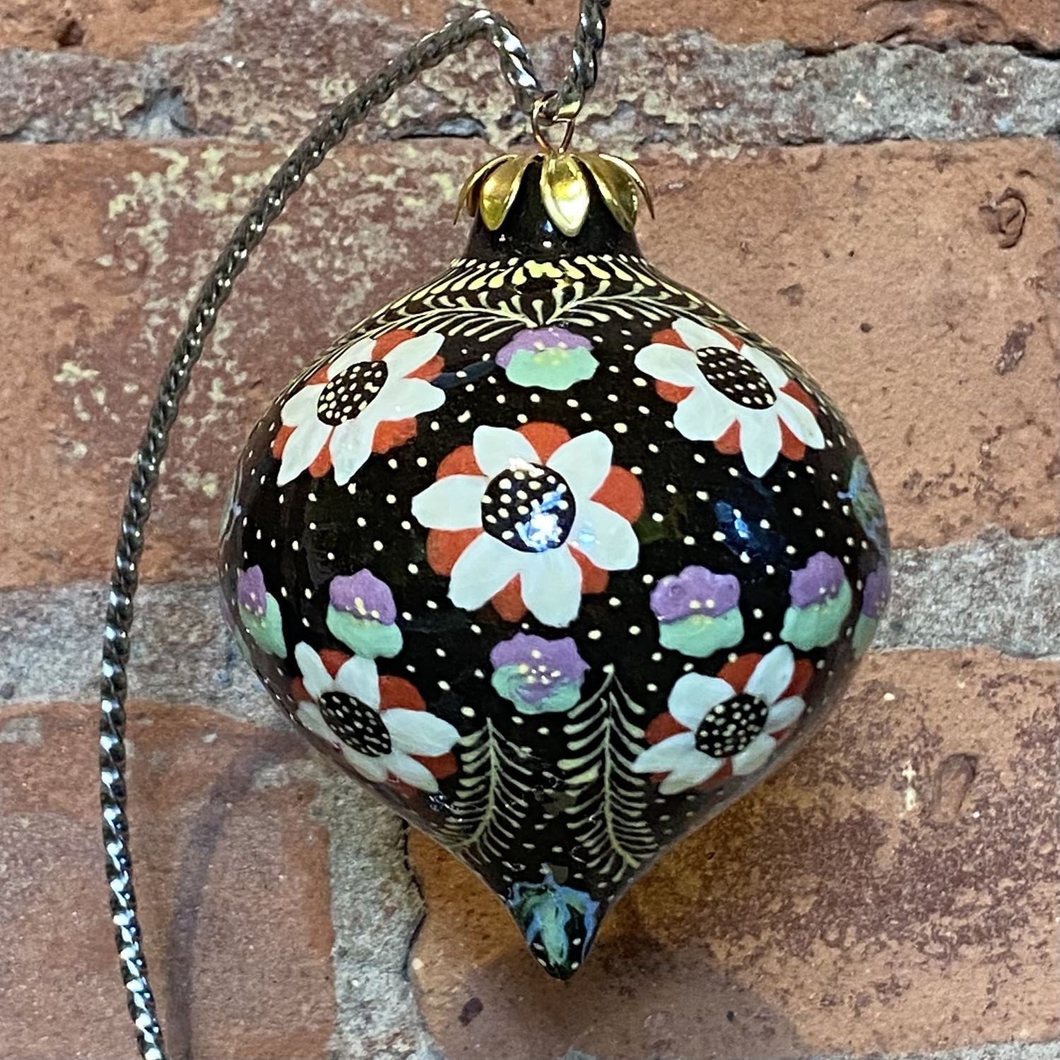 Heritage Ornament Red &amp; White Flowers w/ Small Purple &amp; Green Flowers Tear Drop Ceramic