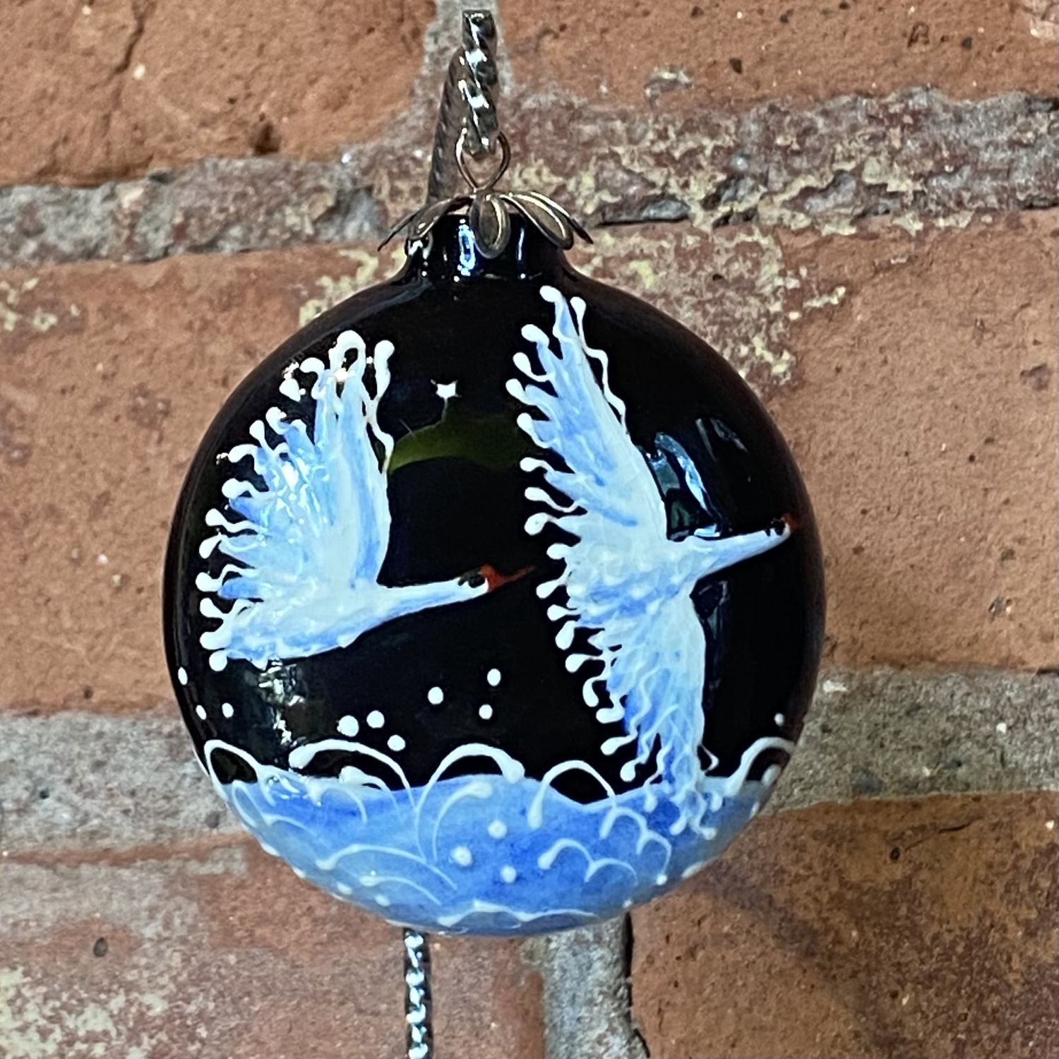 Heritage Ornament Pair of Swans In Flight Flat Round Ceramic