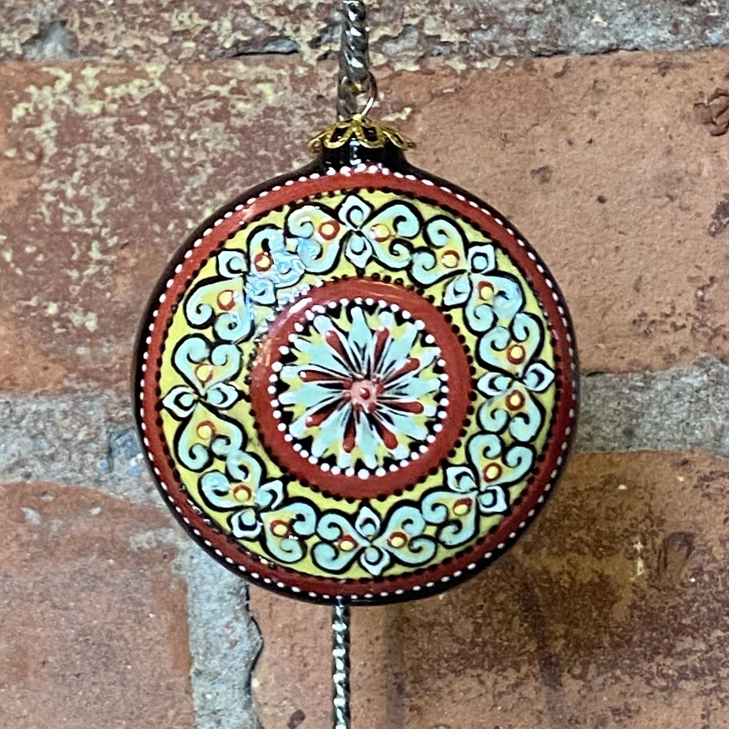 Heritage Ornament Red &amp; Green Floral on Yellow Flat Round Ceramic